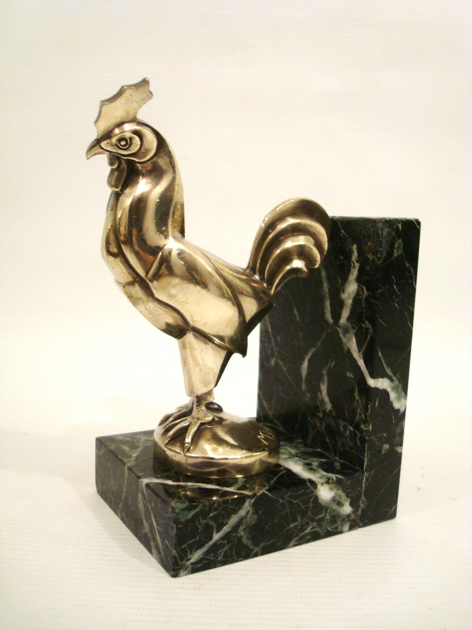 Marcel Bouraine Silvered Bronze Pair of Art Deco Roosters Bookends. France 1920s For Sale 5