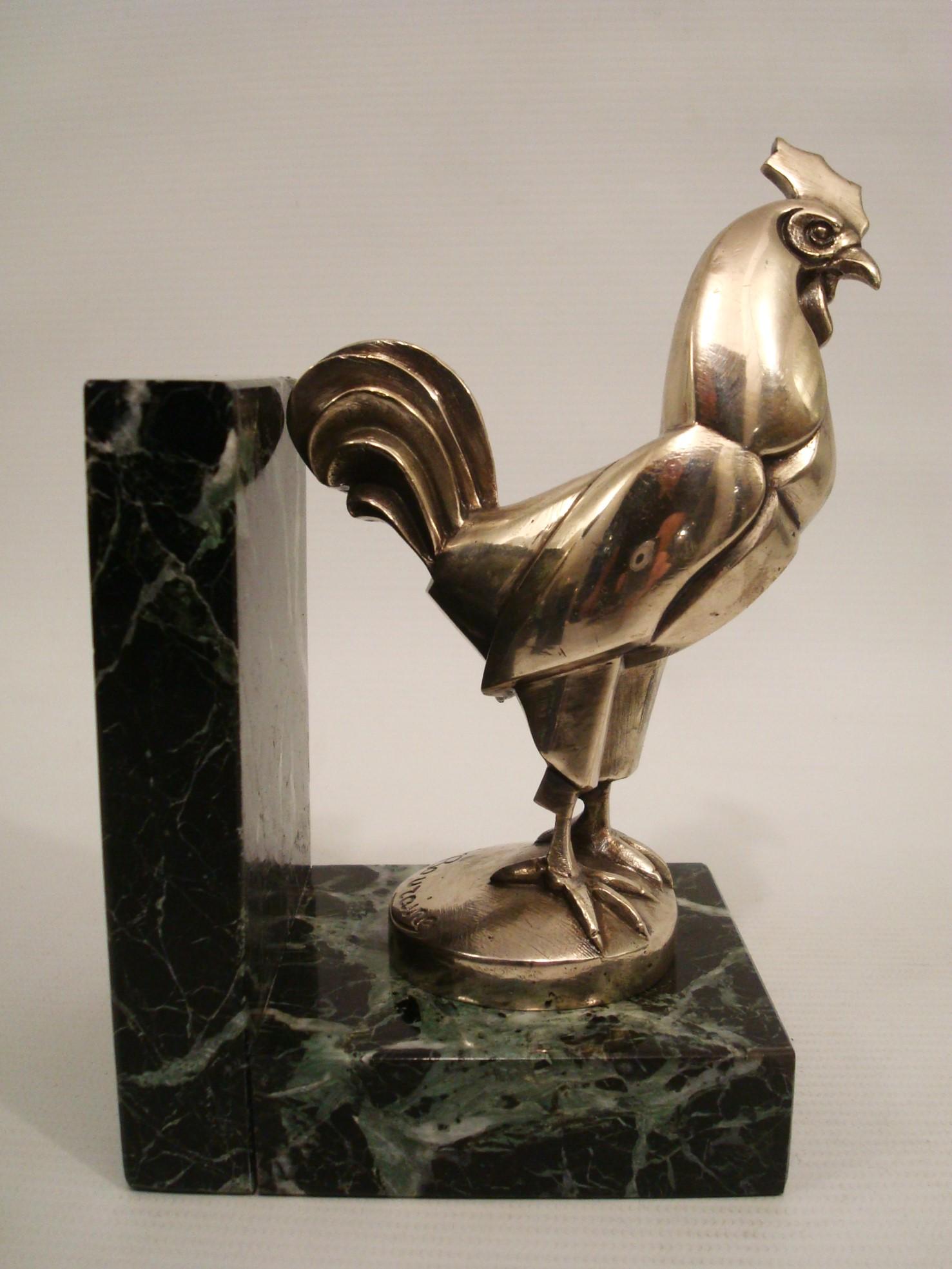 Marcel Bouraine Silvered Bronze Pair of Art Deco Roosters Bookends. France 1920s For Sale 6