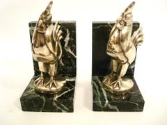 Marcel Bouraine Silvered Bronze Pair of Art Deco Roosters Bookends. France 1920s