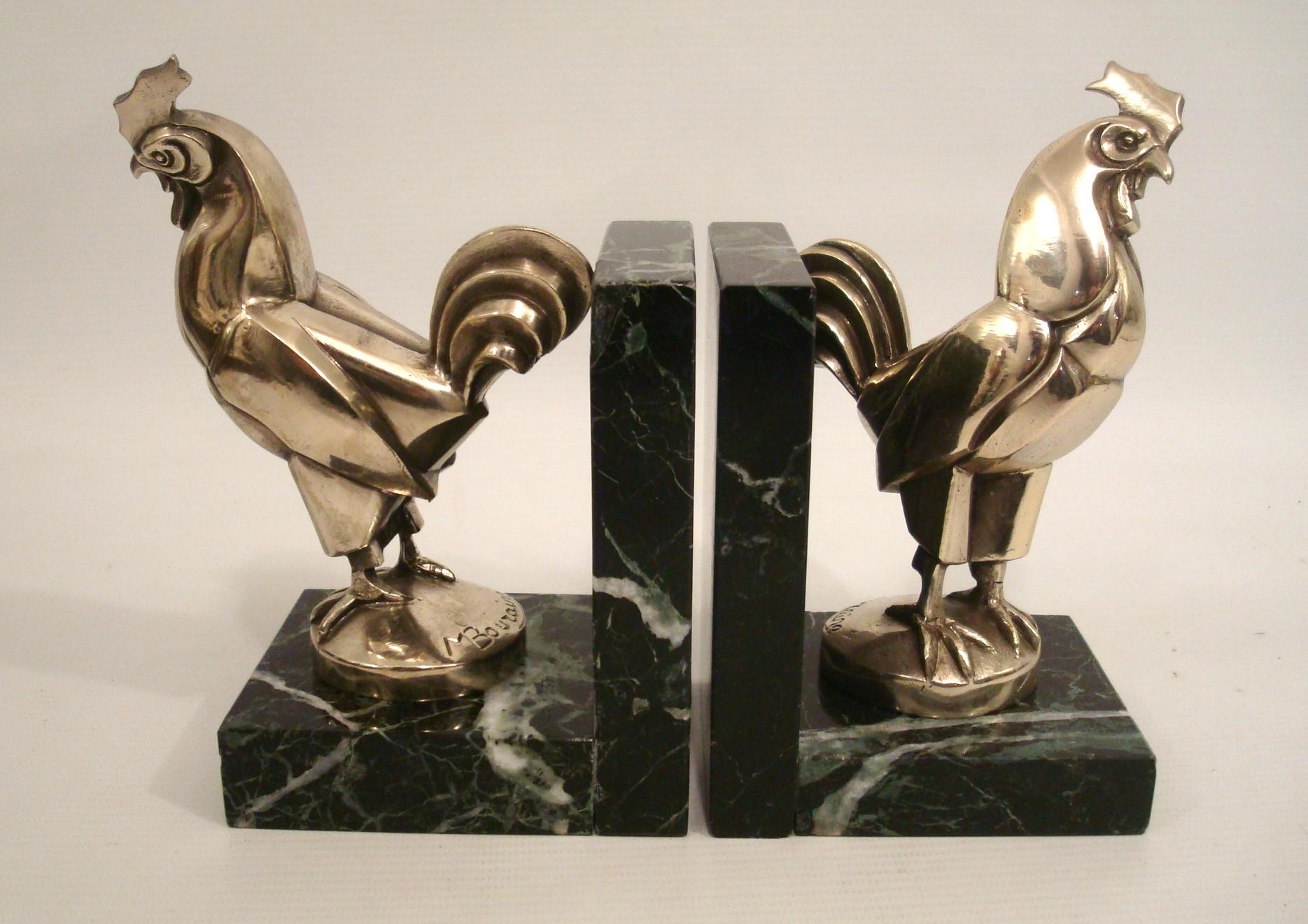 French Marcel Bouraine Silvered Bronze Pair of Art Deco Roosters Bookends. France 1920s For Sale