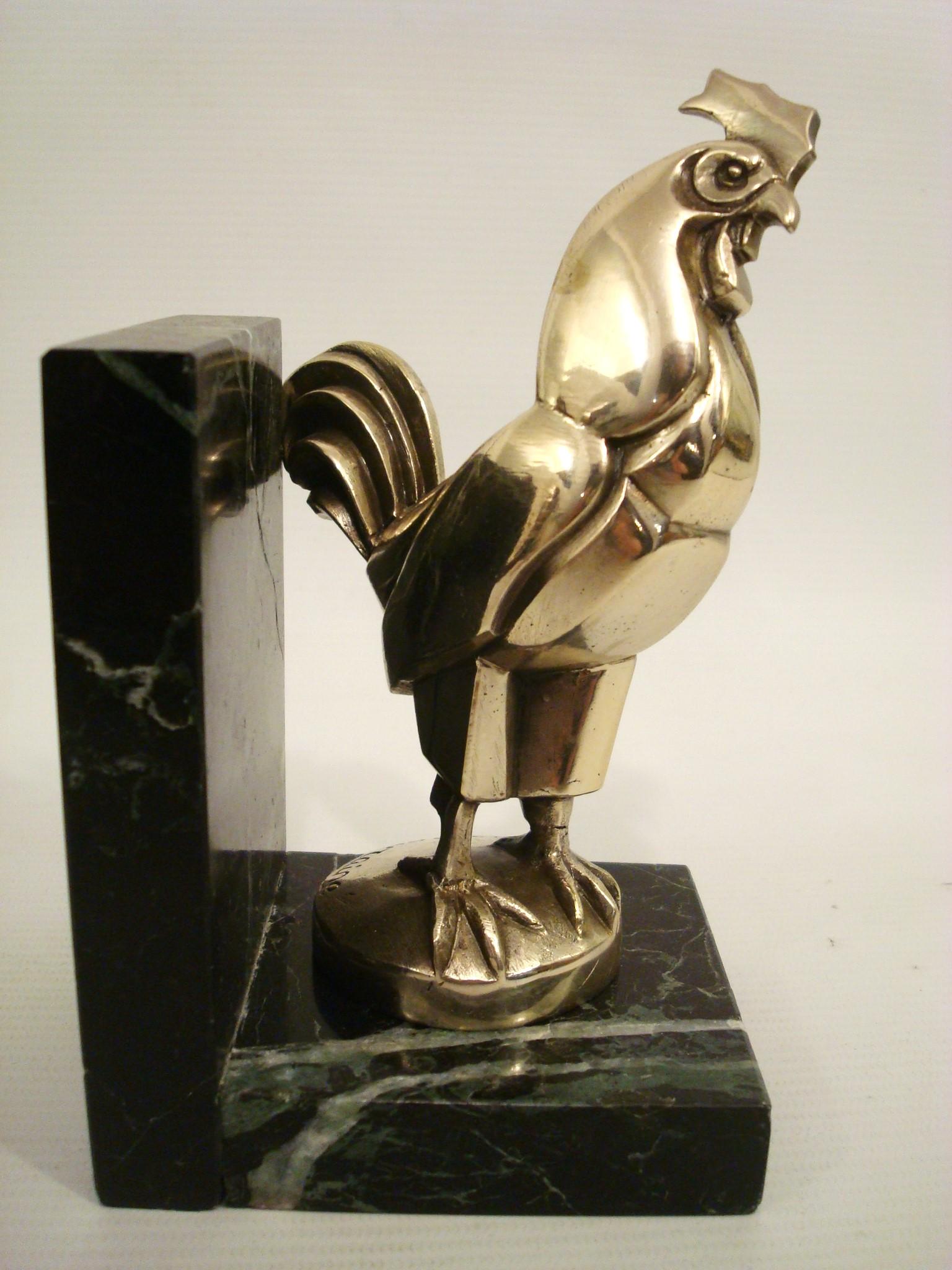 Marcel Bouraine Silvered Bronze Pair of Art Deco Roosters Bookends. France 1920s For Sale 1