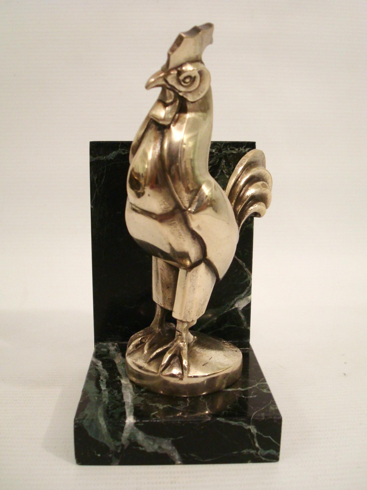 Marcel Bouraine Silvered Bronze Pair of Art Deco Roosters Bookends. France 1920s For Sale 2