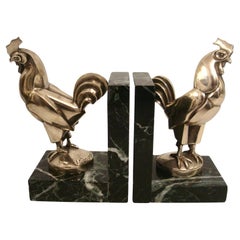 Marcel Bouraine Silvered Bronze Pair of Art Deco Roosters Bookends. France 1920s