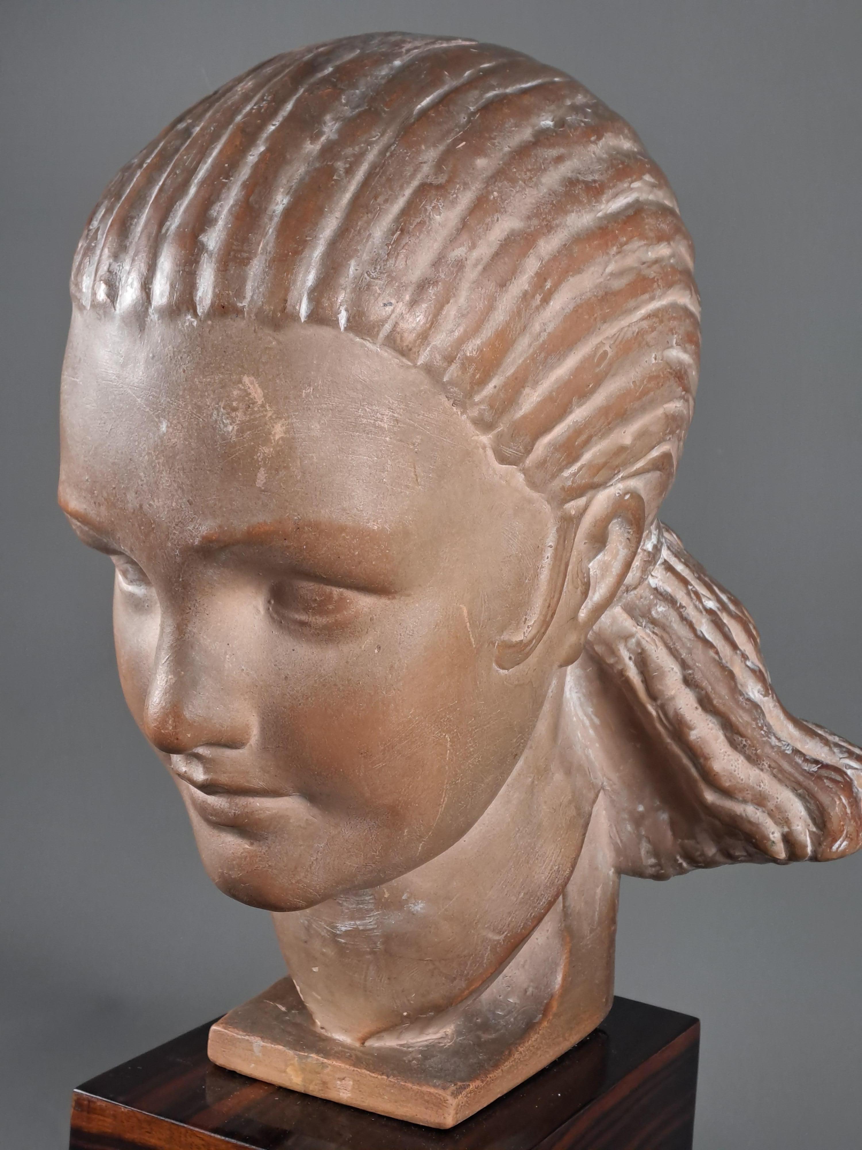 Art Deco Marcel Bouraine - Terracotta Sculpture - Bust Of Woman For Sale