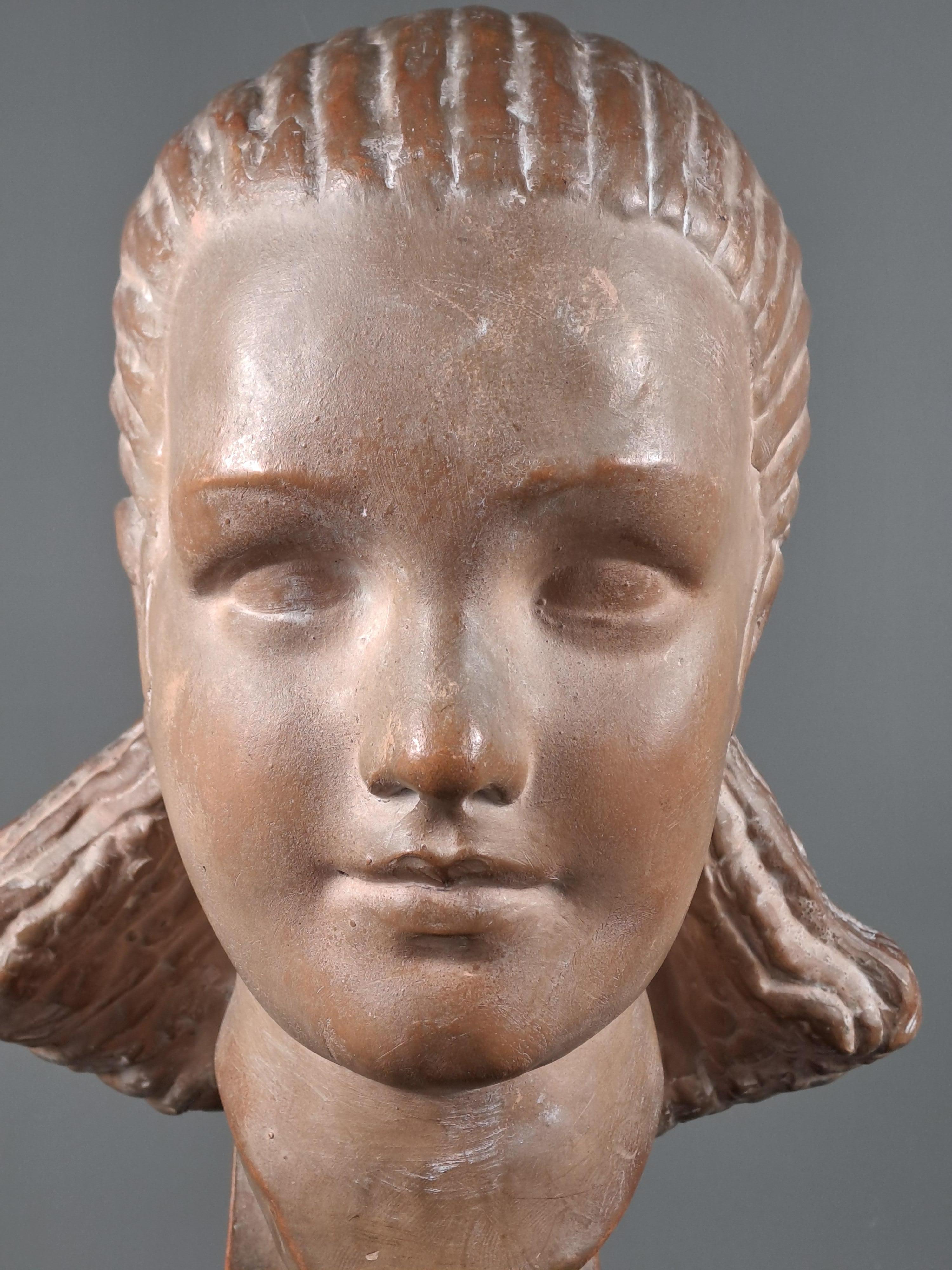French Marcel Bouraine - Terracotta Sculpture - Bust Of Woman For Sale