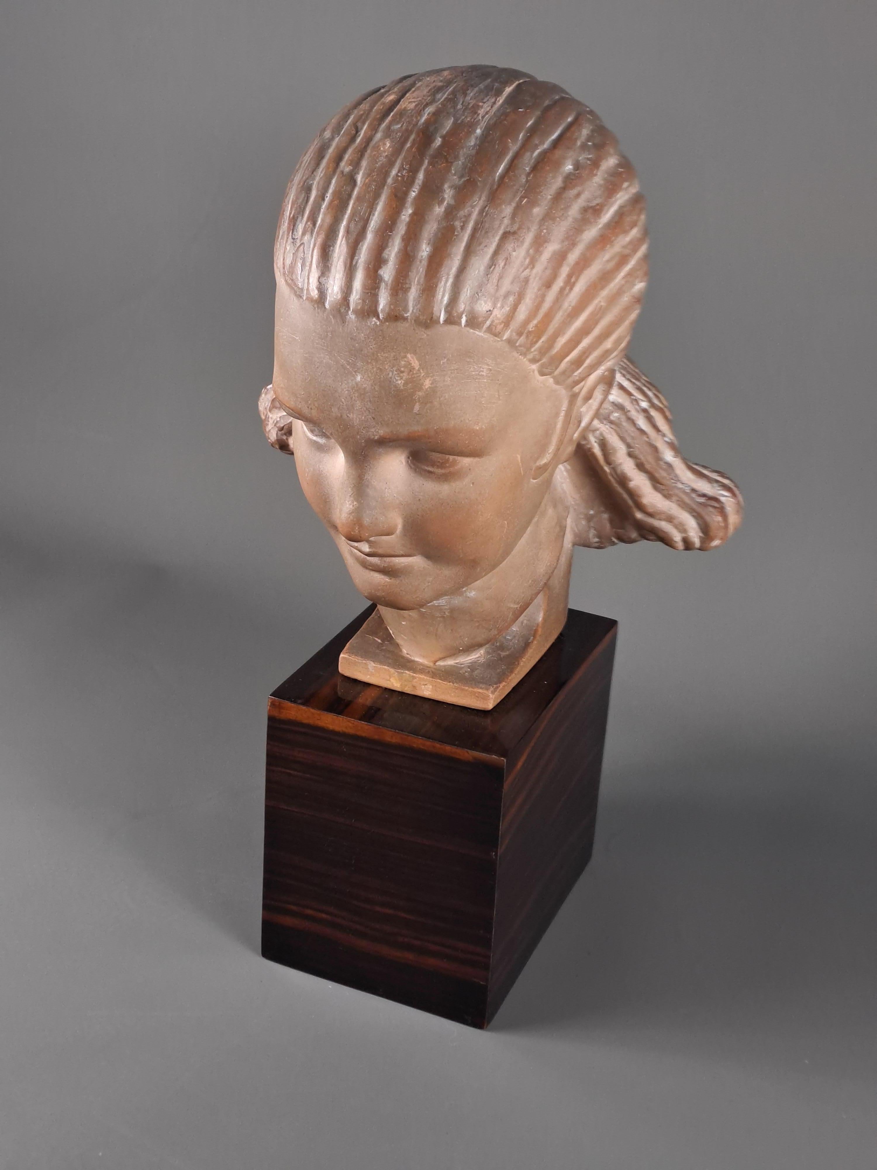 Mid-20th Century Marcel Bouraine - Terracotta Sculpture - Bust Of Woman For Sale