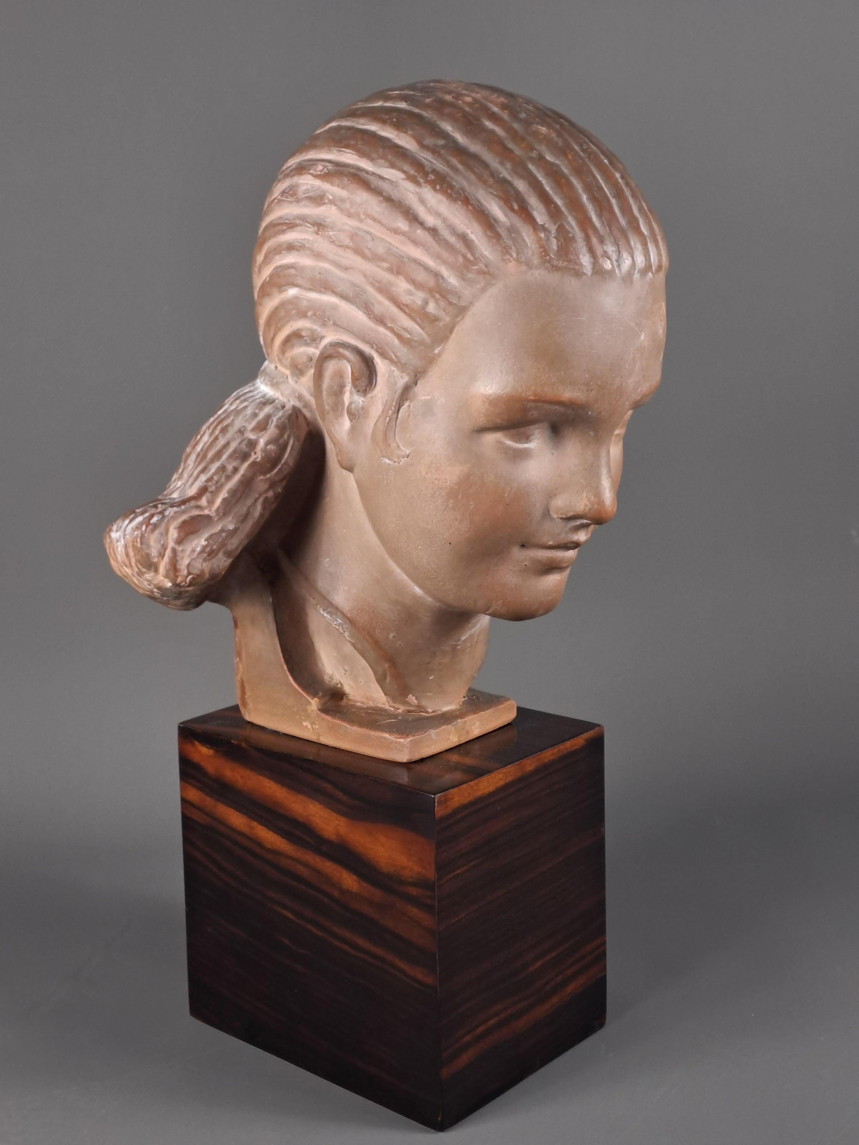 Marcel Bouraine - Terracotta Sculpture - Bust Of Woman For Sale 1