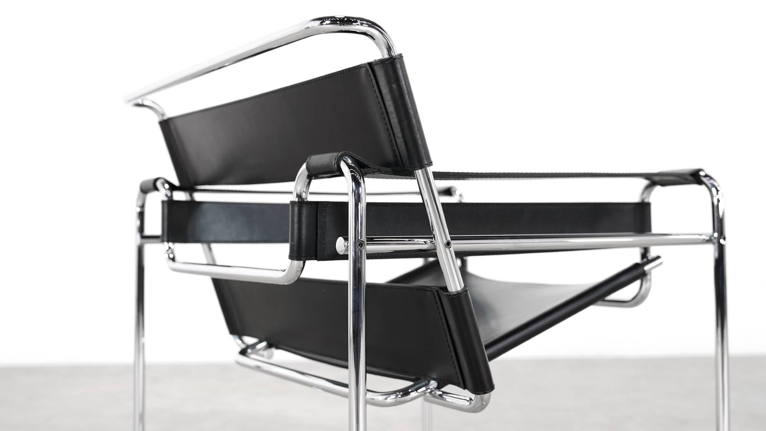 Wassily chair
Marcel Breuer, 1925

Inspired by the frame of a bicycle and influenced by the constructivist theories of the De Stjil movement, 
Marcel Breuer was still an apprentice at the Bauhaus when he reduced the classic club chair to its