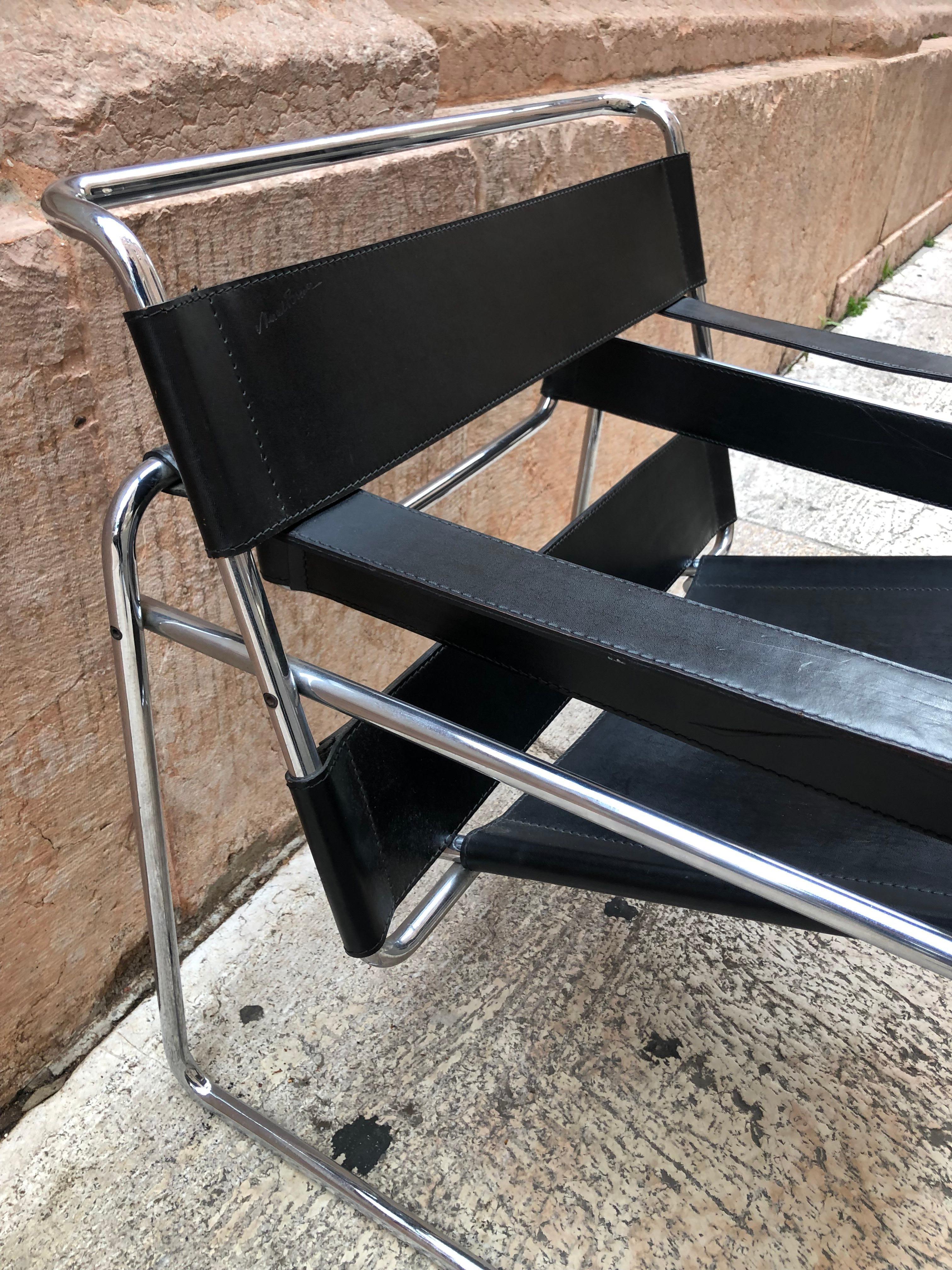 Marcel Breuer 1980s Black Leather and Steel Structure Wassily Armchair 4