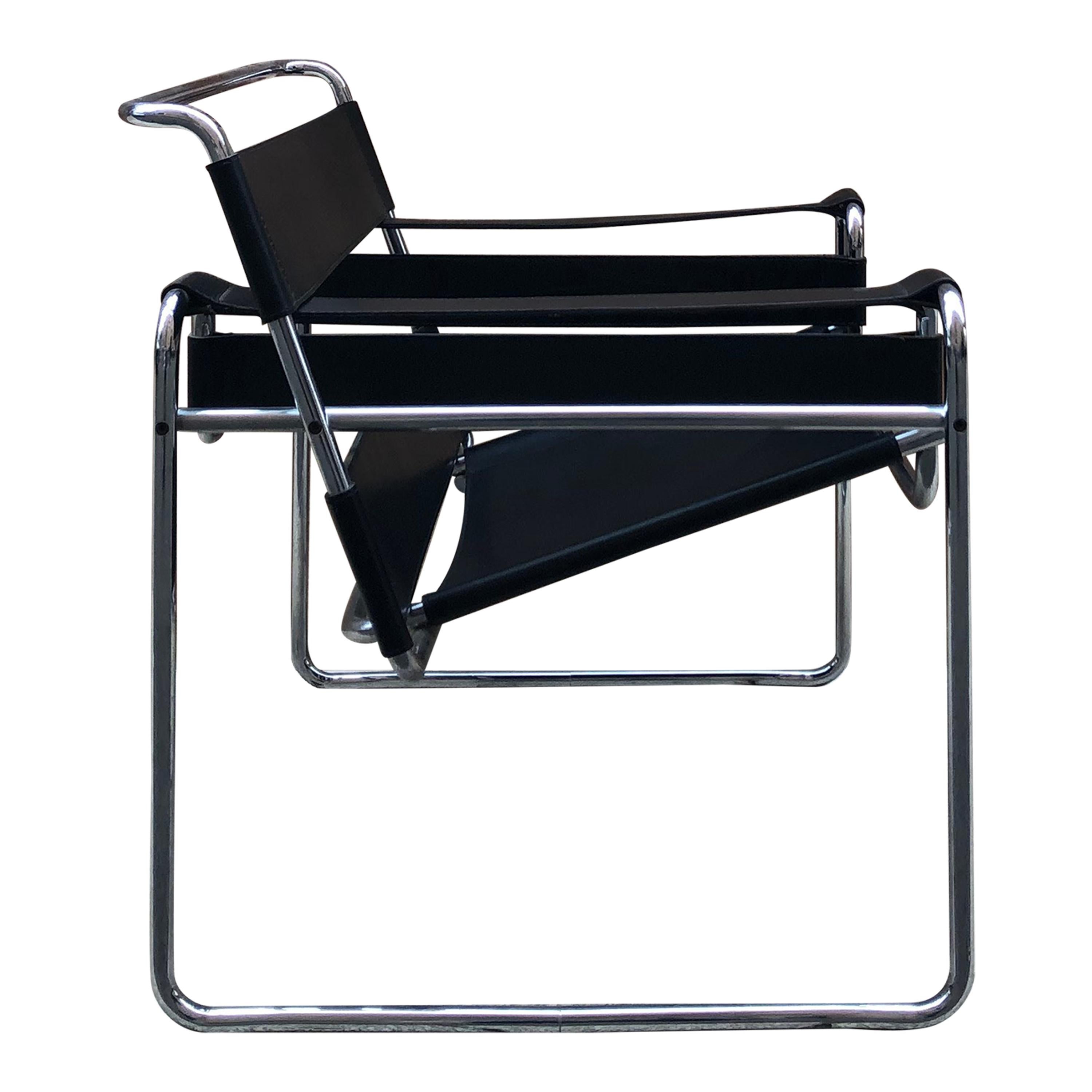 Marcel Breuer 1980s Black Leather and Steel Structure Wassily Armchair