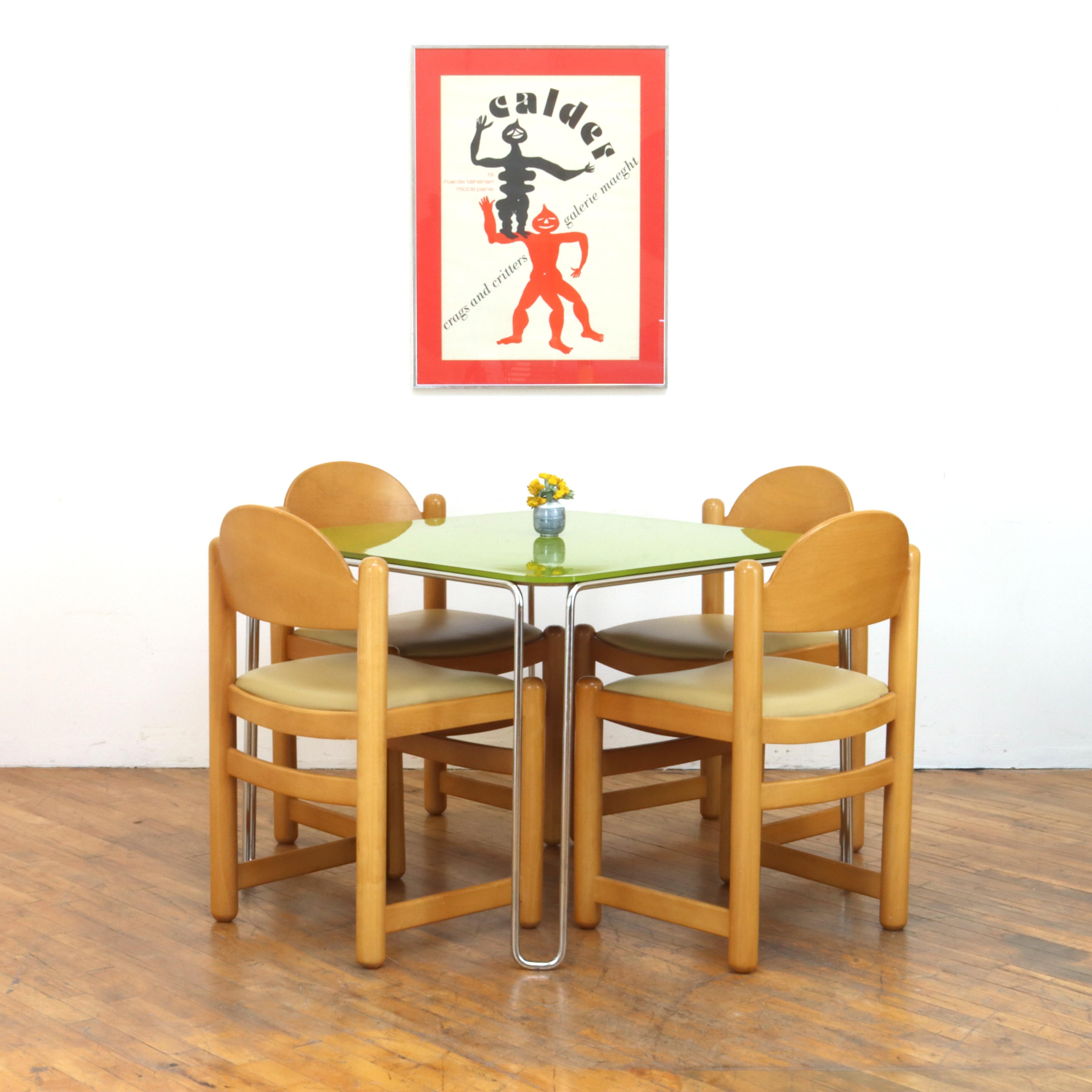 36” W x 36” D x 28” H

1970s Marcel Breuer B10 table, this version was produced by GF Business Equipment in the 1970s, a company that was an authorized producer of Thonet products in the United States at the time.  Chrome plated tubular steel legs