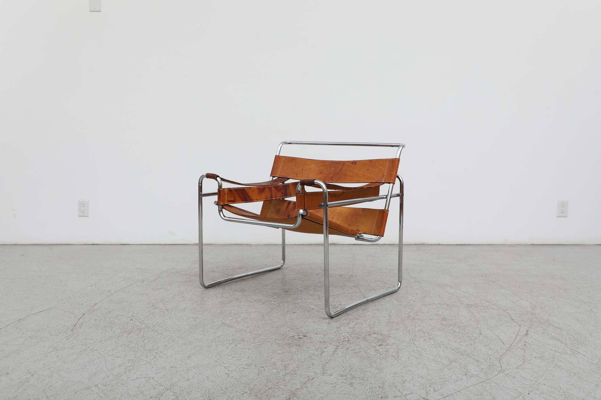 Natural Leather 'Wassily' Chair by Marcel Breuer for Gavina. Originally designed in 1925. This model was produced in Italy for Gavina, 1960's. Beautifully crafted leather and chrome frame lounge chair created a thought provoking design based on the