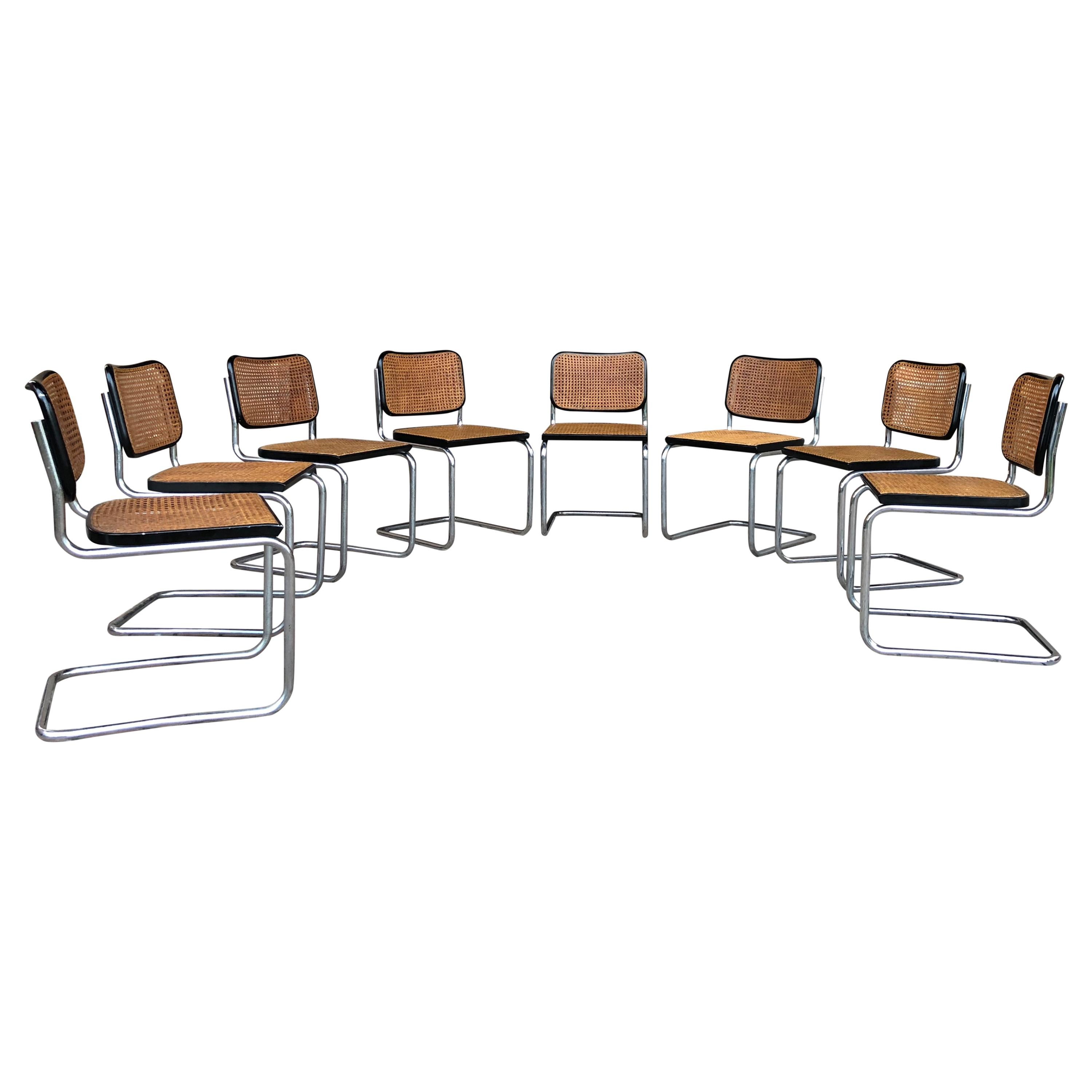 Beautiful set of 8 original B32 “Cesca” dining chairs produced by Gavina in 1963.
They are all signed with the original paper mark.
Cesca chairs were originally designed in 1928 by French Hungarian architect Marcel Breuer and named after his