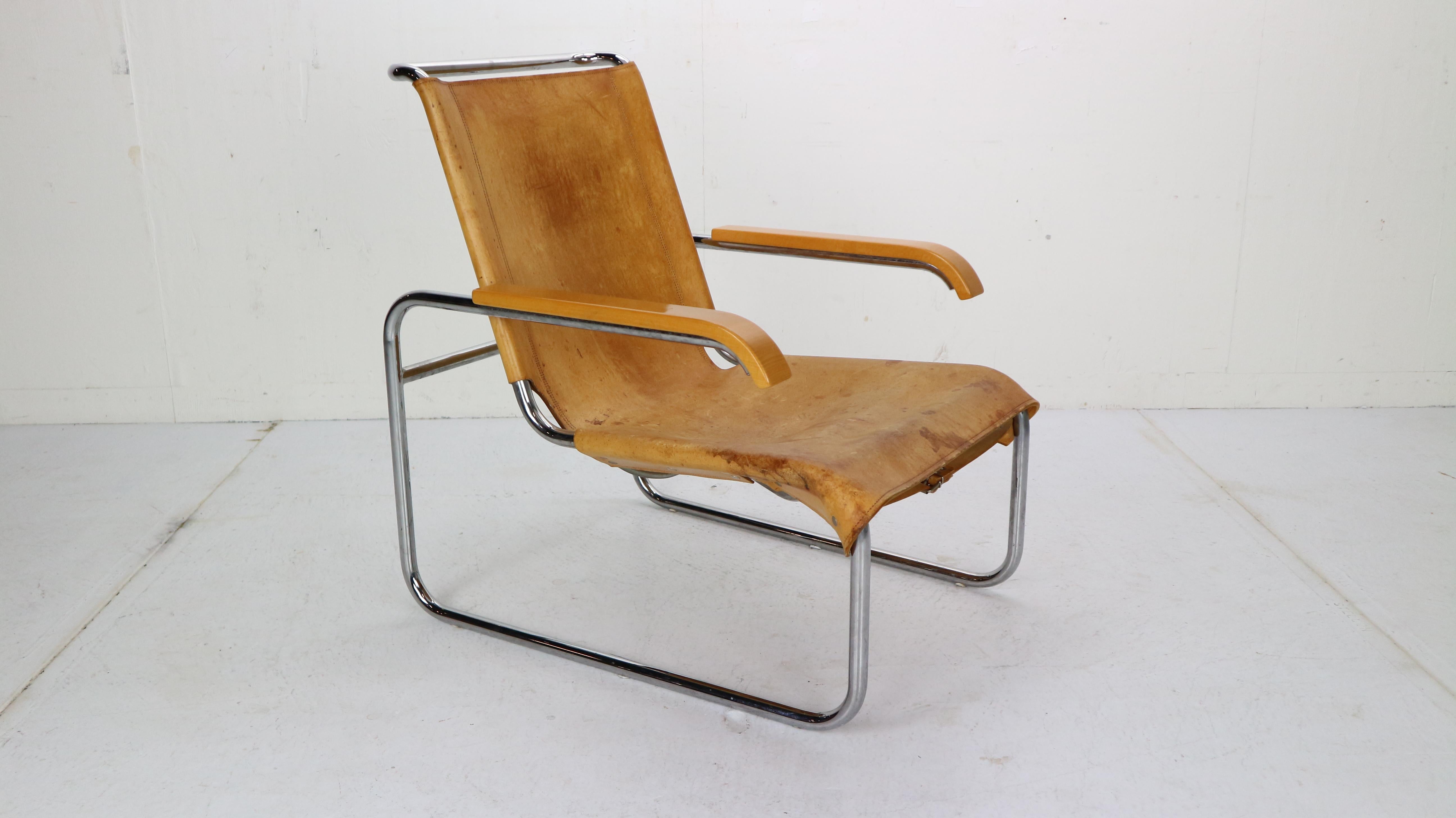 Bauhaus Marcel Breuer B35 Leather Lounge Chair/Armchair for Thonet, 1930s, Germany