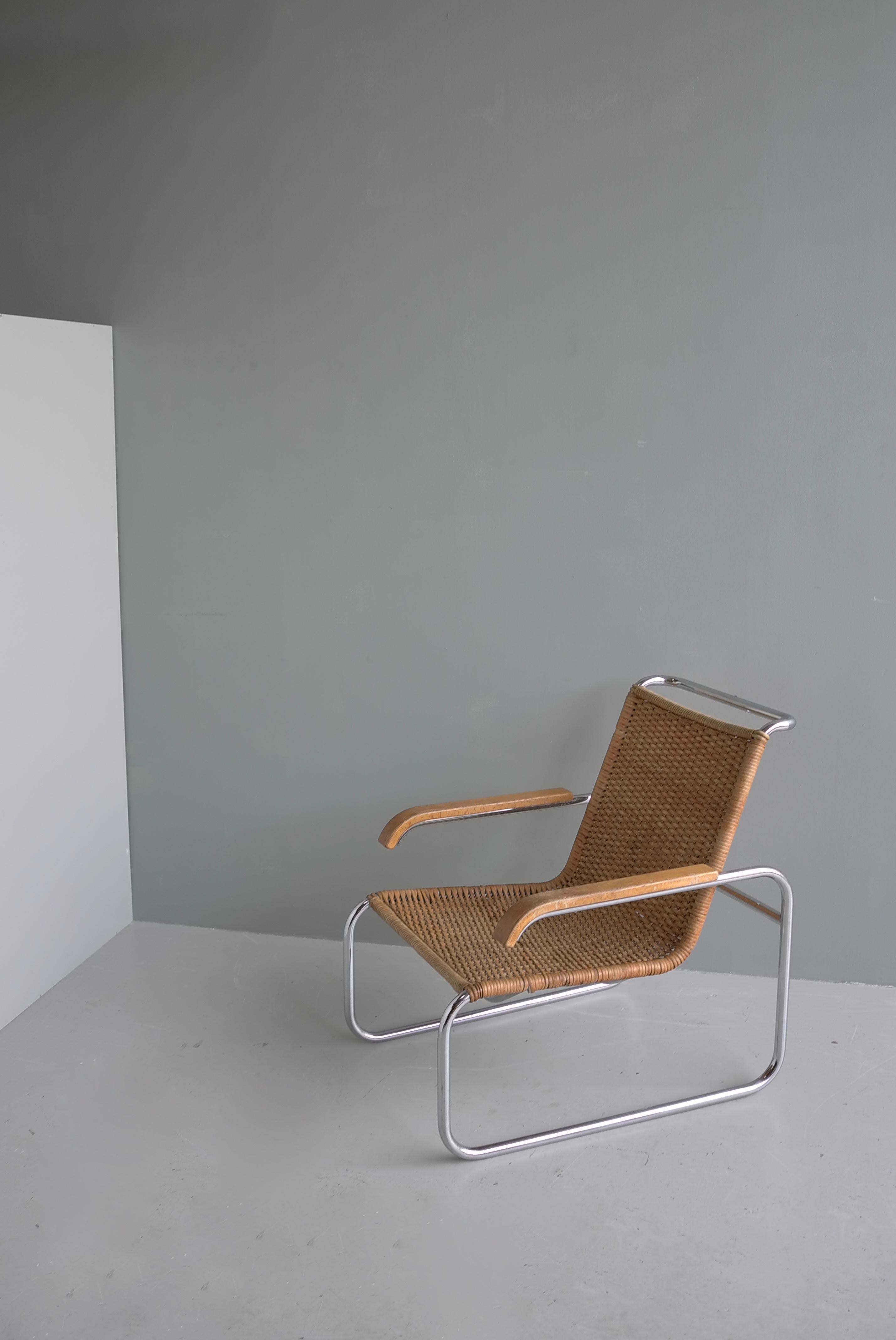 Mid-Century Modern Marcel Breuer B35 Wicker and Chrome Armchair by Thonet 1960's For Sale