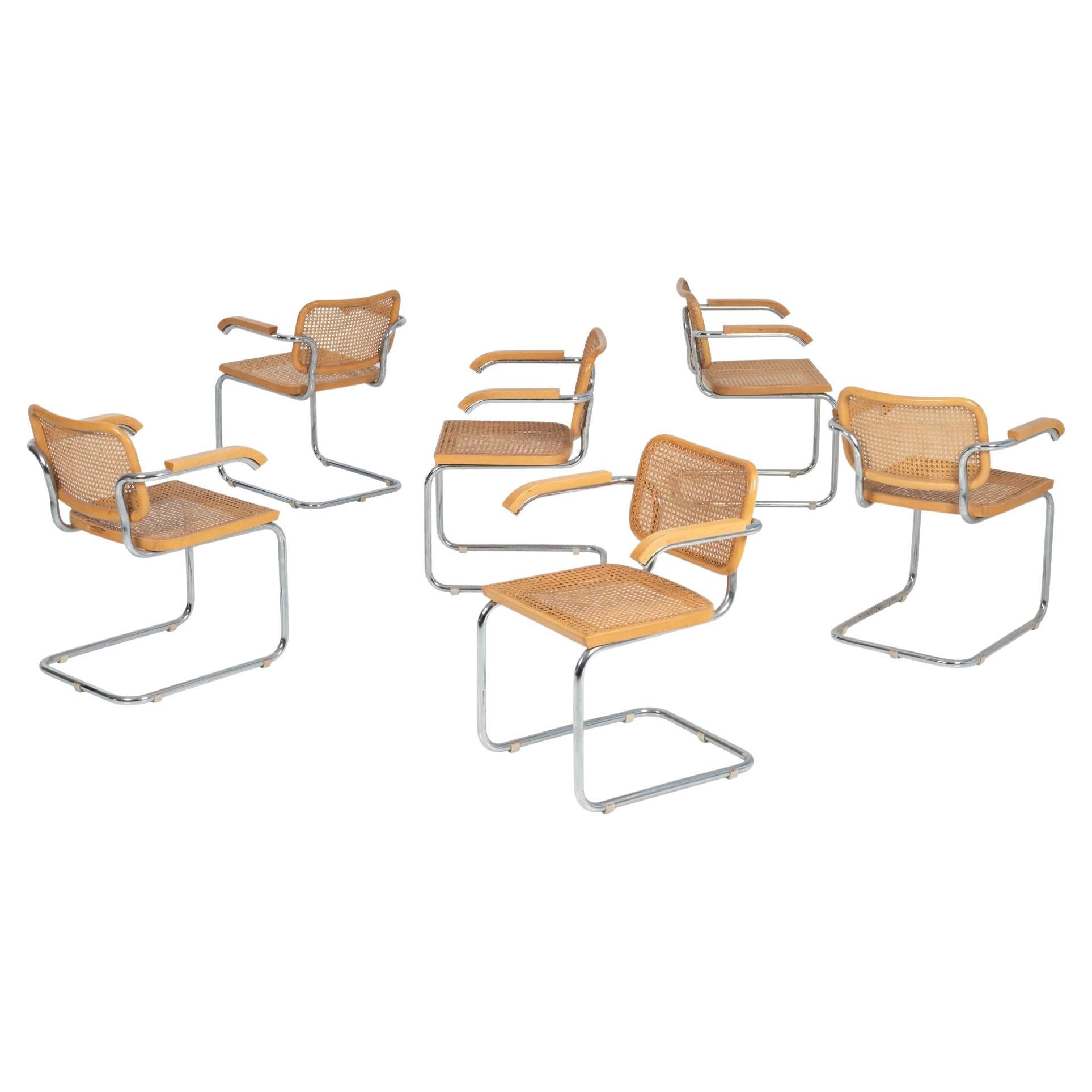 Marcel Breuer B64 Cesca Dining Chairs with Arms set of Six For Sale