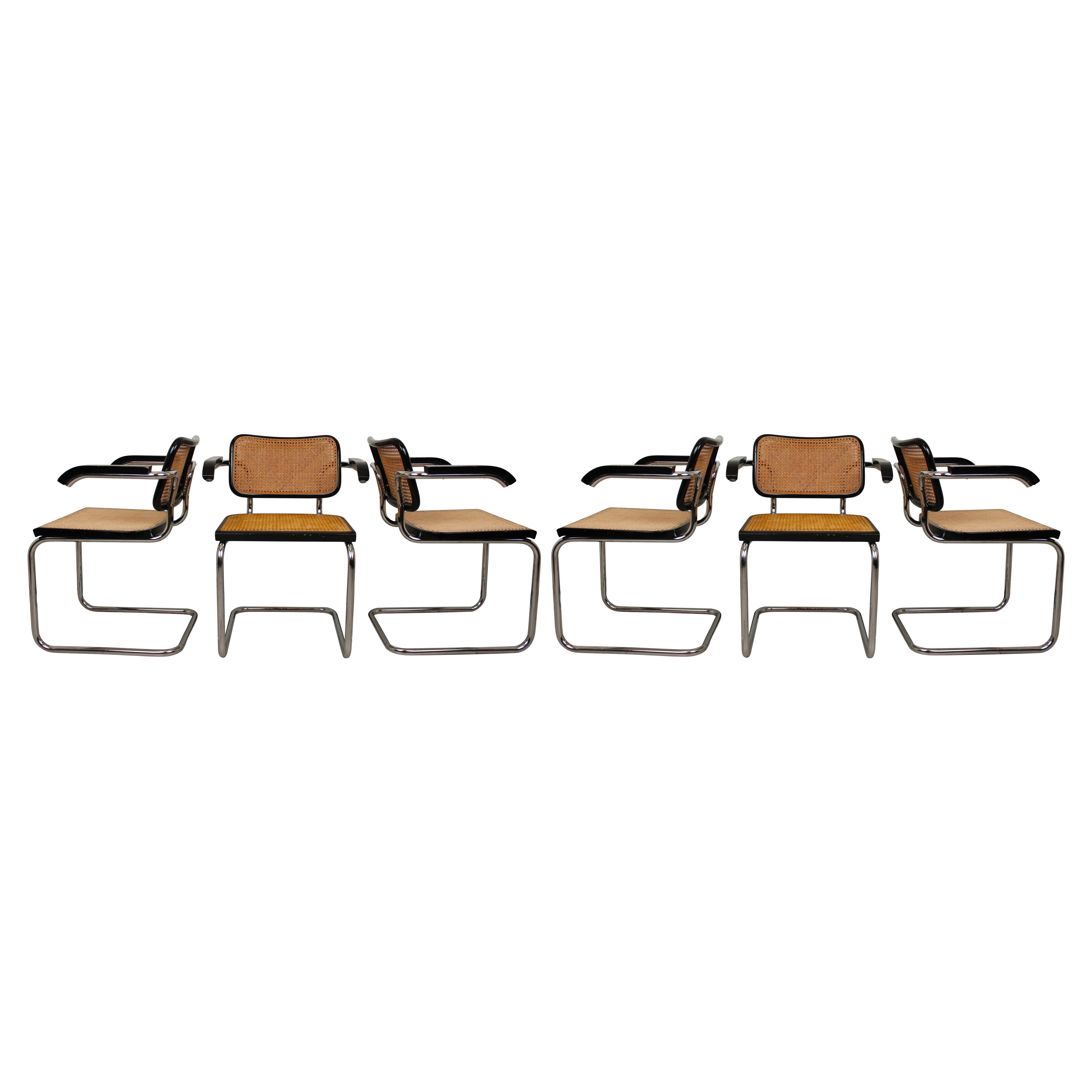 Bauhaus Marcel Breuer B64 Cesca Dining Room Arm Chair for Gavina Knoll, 1968, Set of 6 For Sale