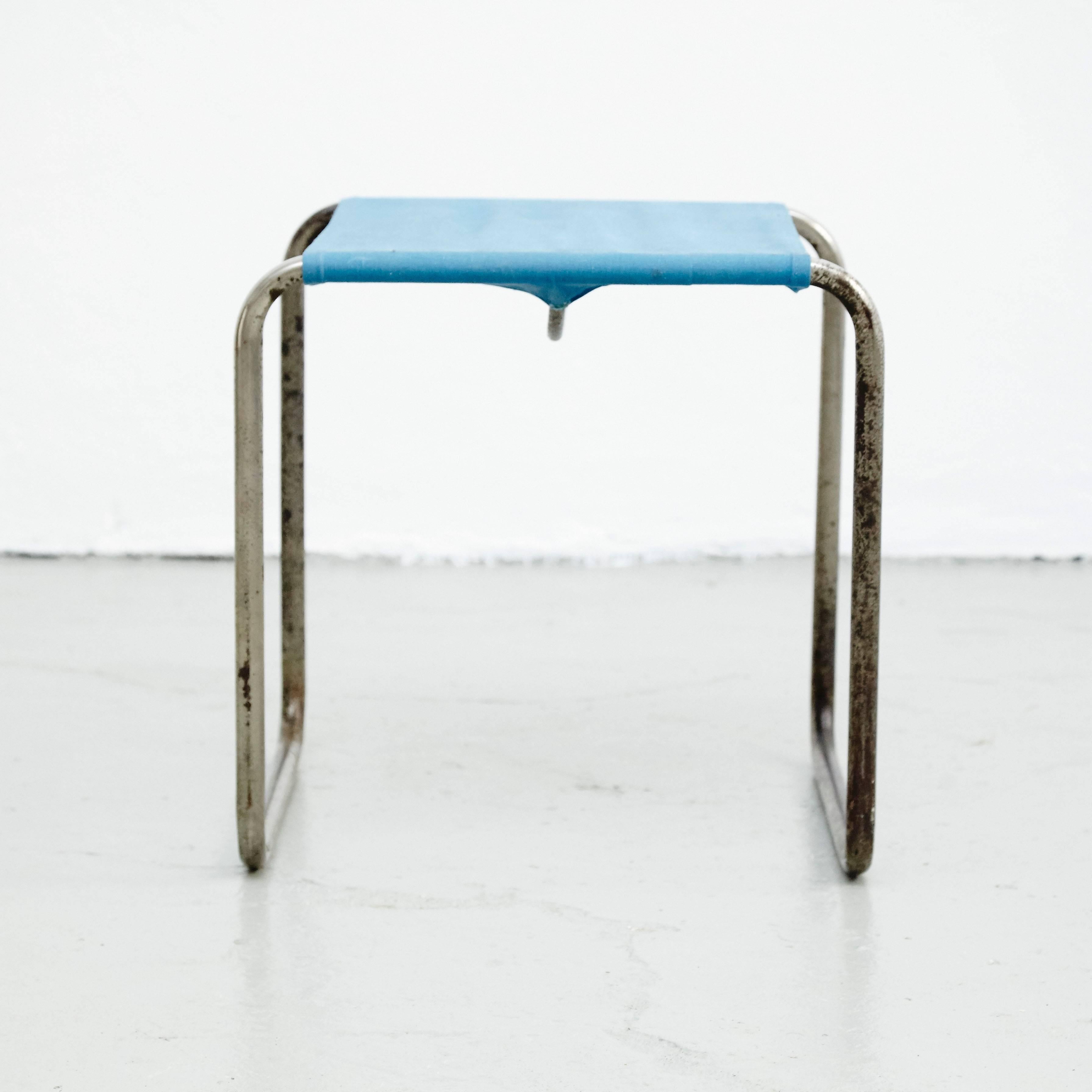 Mid-Century Modern Marcel Breuer B9T Stool for Thonet with Blue Fabric and Metal Tube, circa 1930