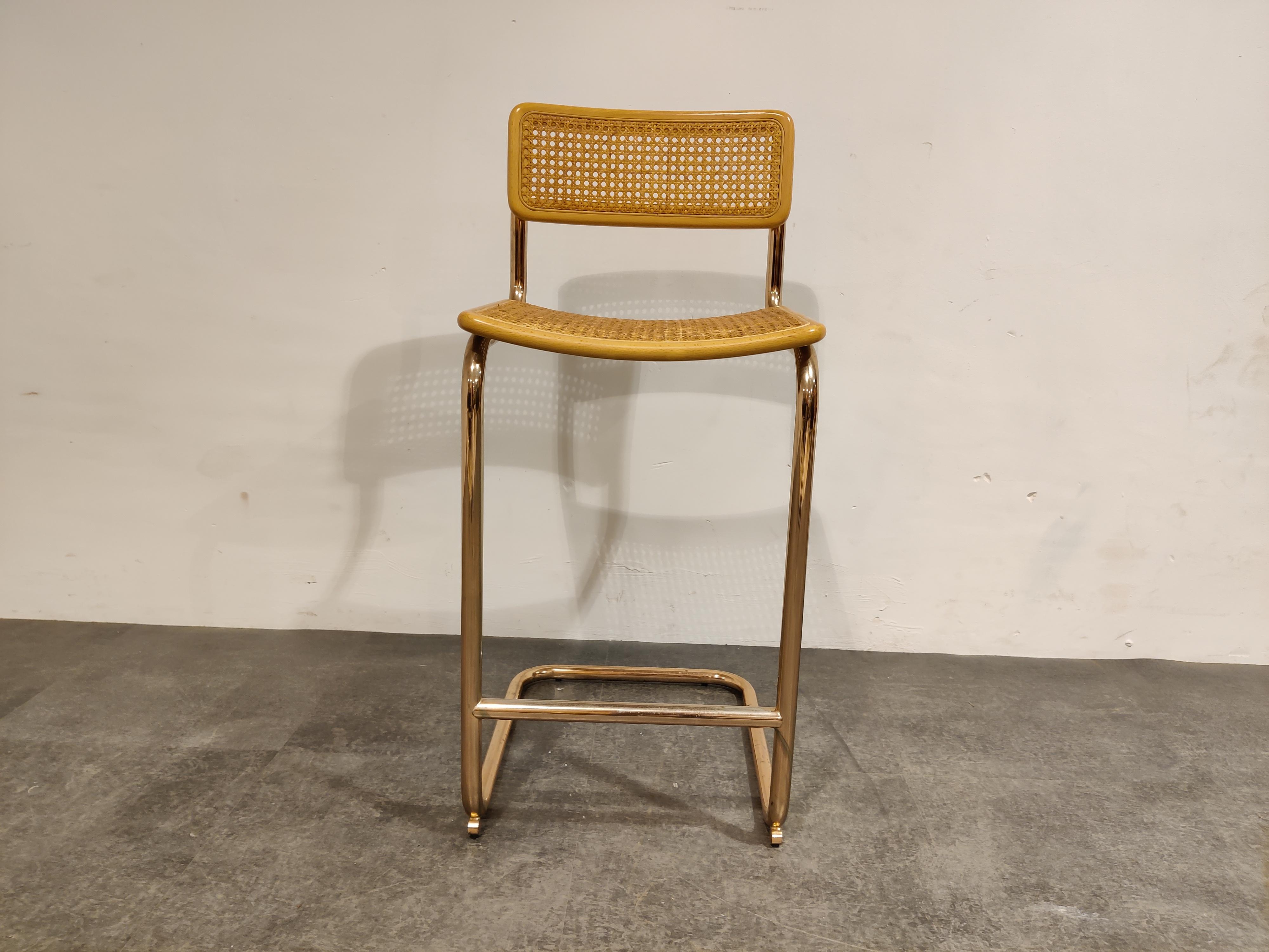 Marcel Breuer bauhaus design bar stool produced by Cidue (labelled)

Tubular brass frame with cane seats.

All in very good condition.

Dimensions:
Height: 95cm/36.61