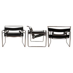 Marcel Breuer Bauhaus Black Leather Model B3 Wassily Armchair, 1973, Set of 3