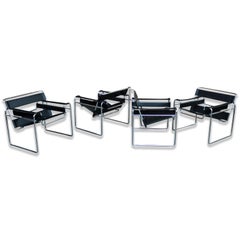 Marcel Breuer Bauhaus Black Leather "Wassily" Dining Armchairs, 1972, Set of 4