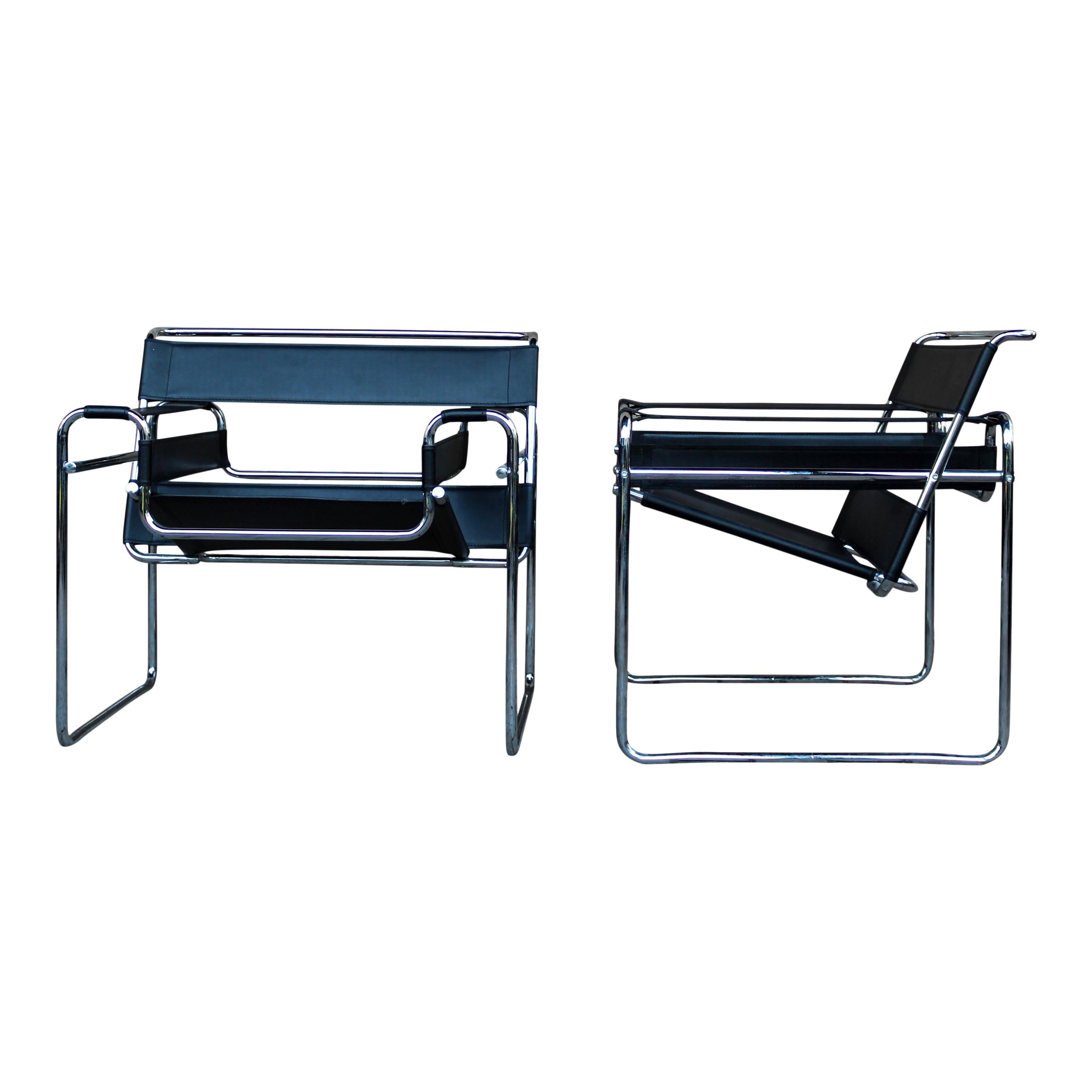 Marcel Breuer Bauhaus Black Leather "Wassily" Lounge Armchairs, 1972, Set of 2 For Sale
