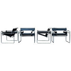 Marcel Breuer Bauhaus Black Leather "Wassily" Dining Armchairs, 1972, Set of 4