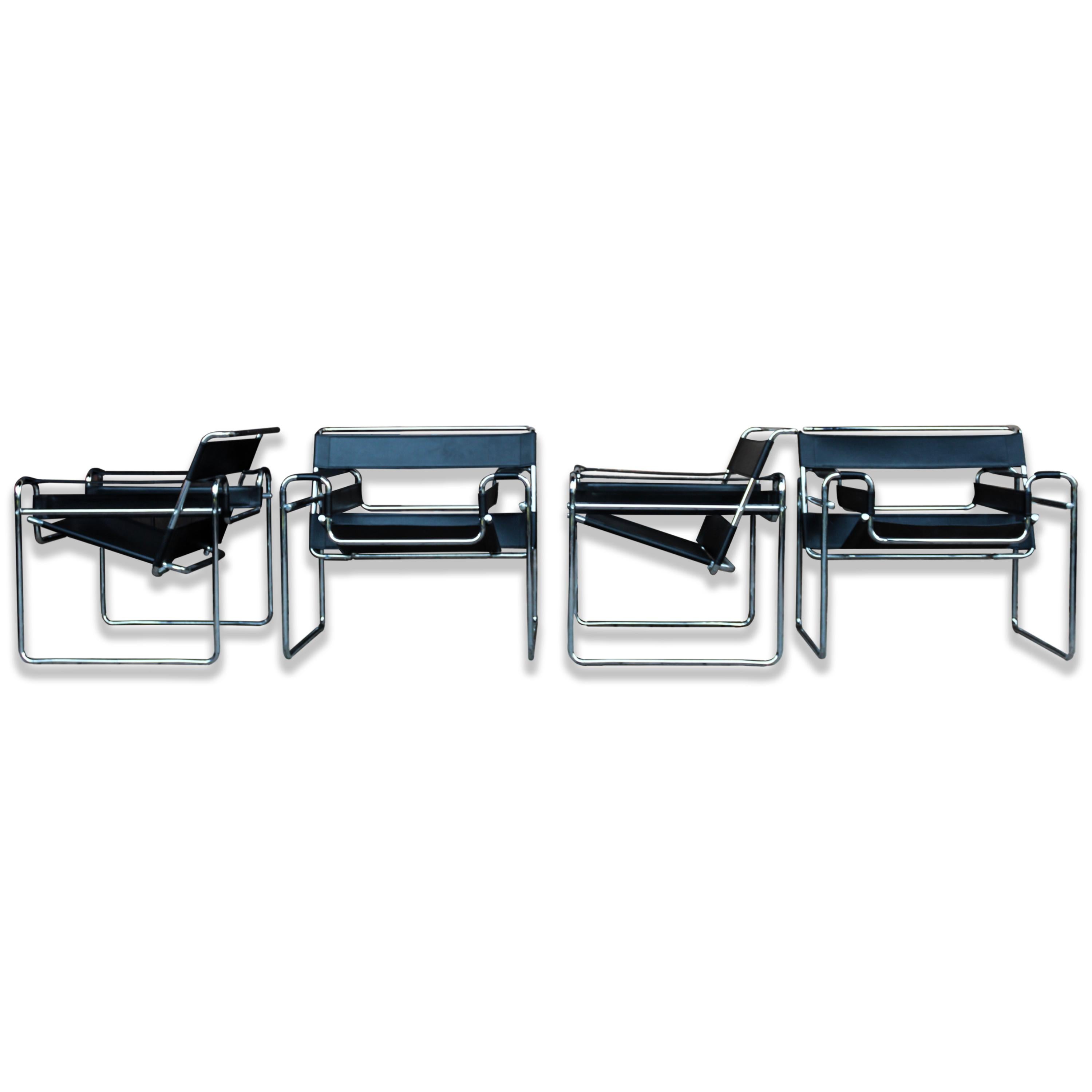 Set of four model B3 “Wassily” armchairs, designed by Marcel Breuer in 1925 and produced by the Italian manufacturer Gavina in 1969.

It features a chrome-plated steel structure and seat and back in black leather.

Excellent vintage condition.

When