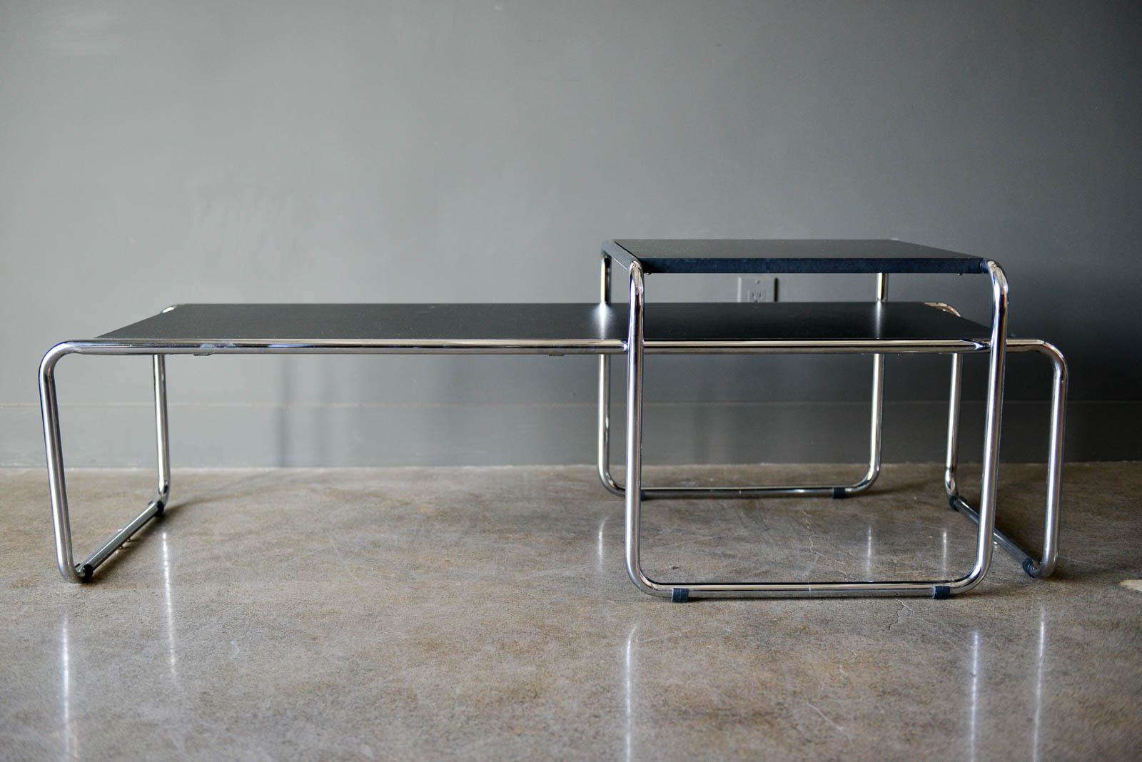 Marcel Breuer Bauhaus 'Laccio' coffee tables for Knoll. Very good original condition, with very slight wear to tops, chrome is free of rust and shiny. Sold as a set. 

Large table measures 52