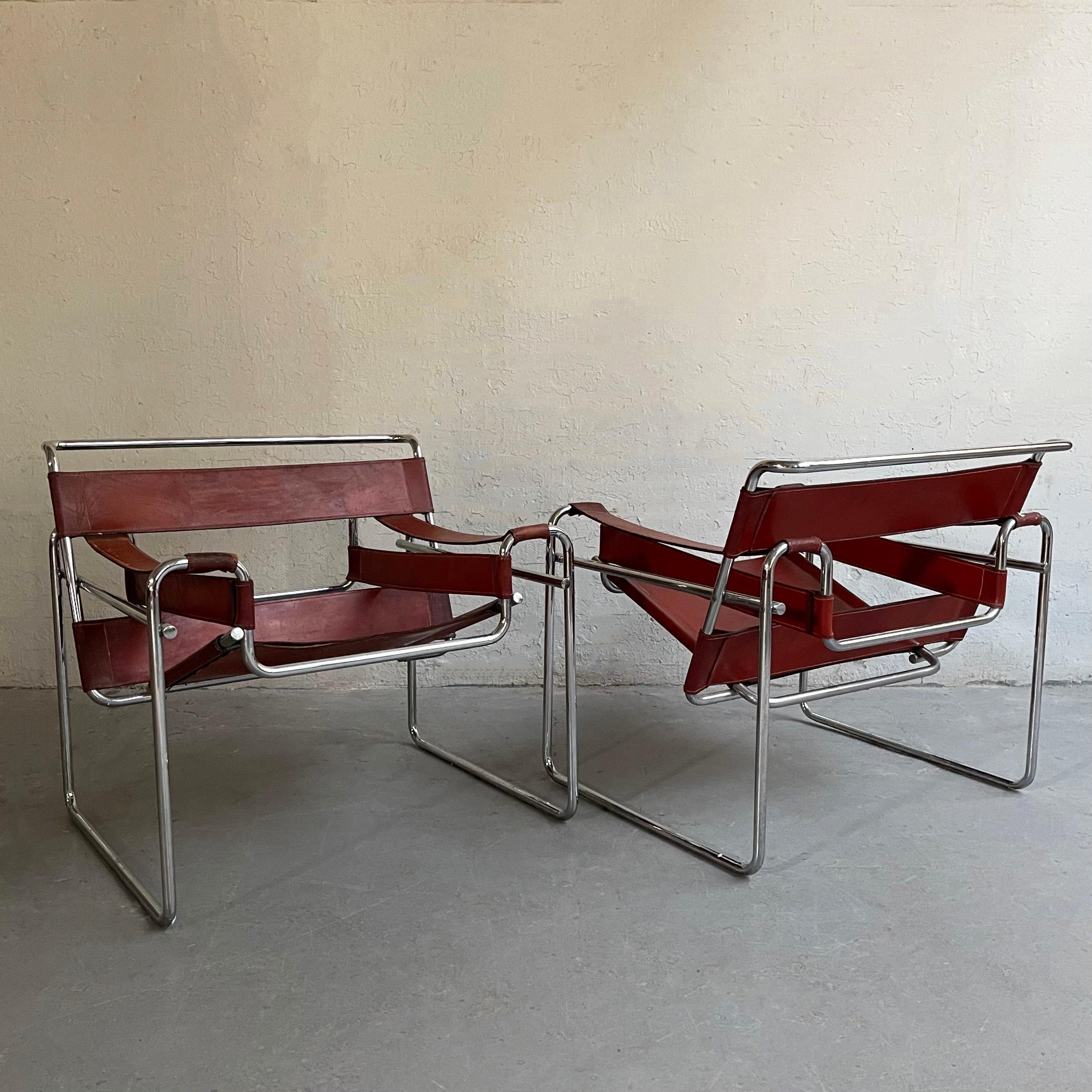 Marcel Breuer Bauhaus Wassily Style Chairs Burgundy Brown Leather 5