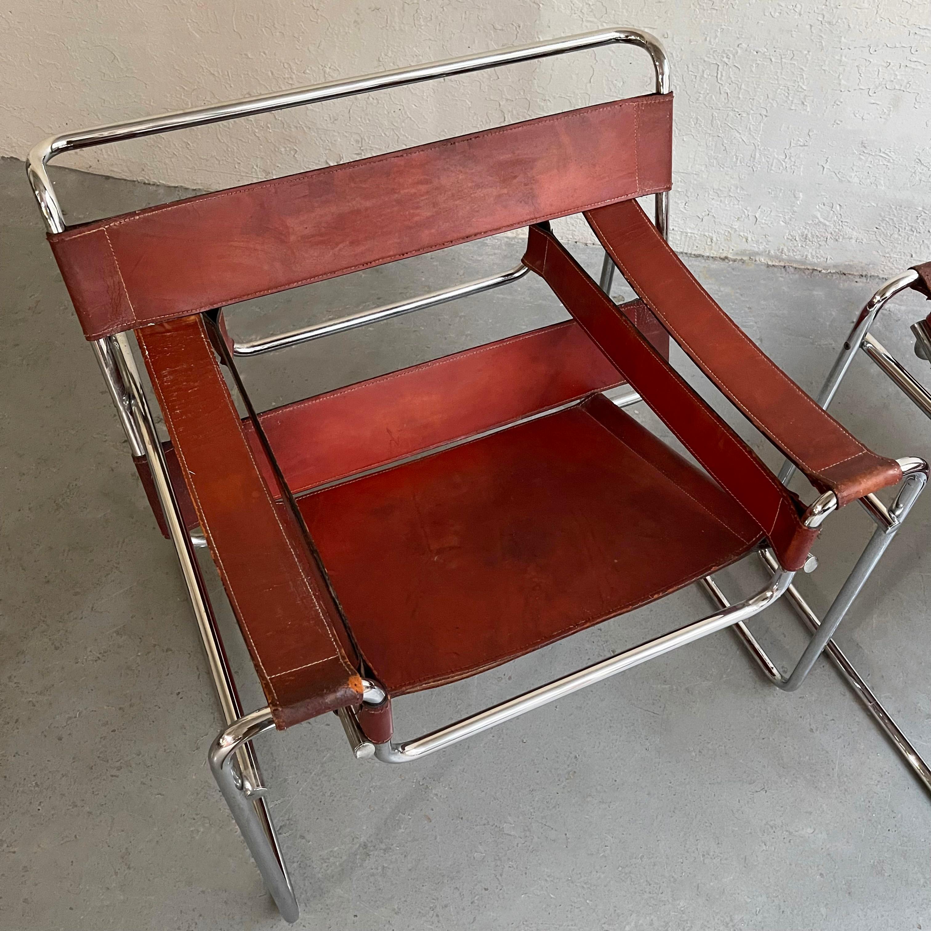 Marcel Breuer Bauhaus Wassily Style Chairs Burgundy Brown Leather 6