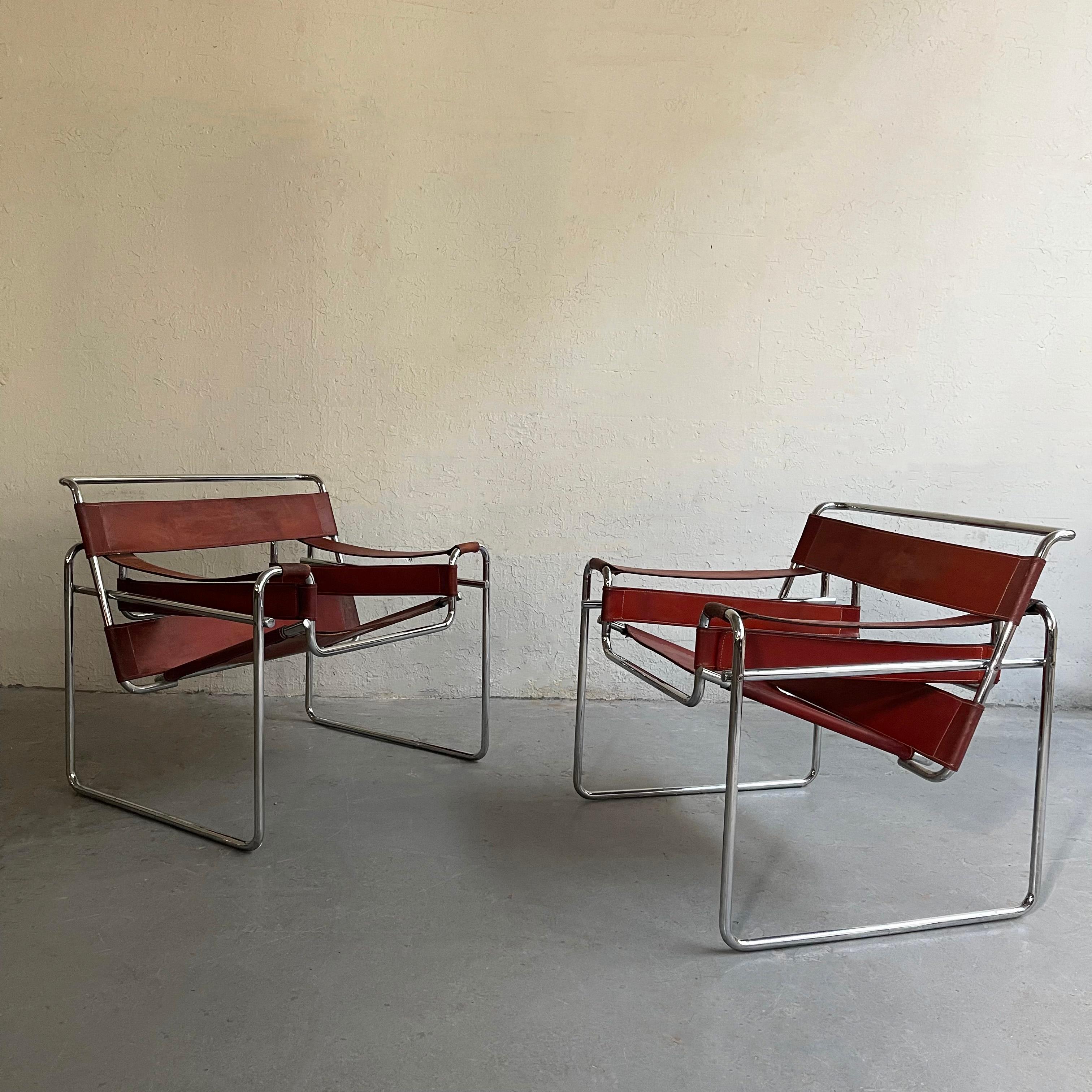 American Marcel Breuer Bauhaus Wassily Style Chairs Burgundy Brown Leather