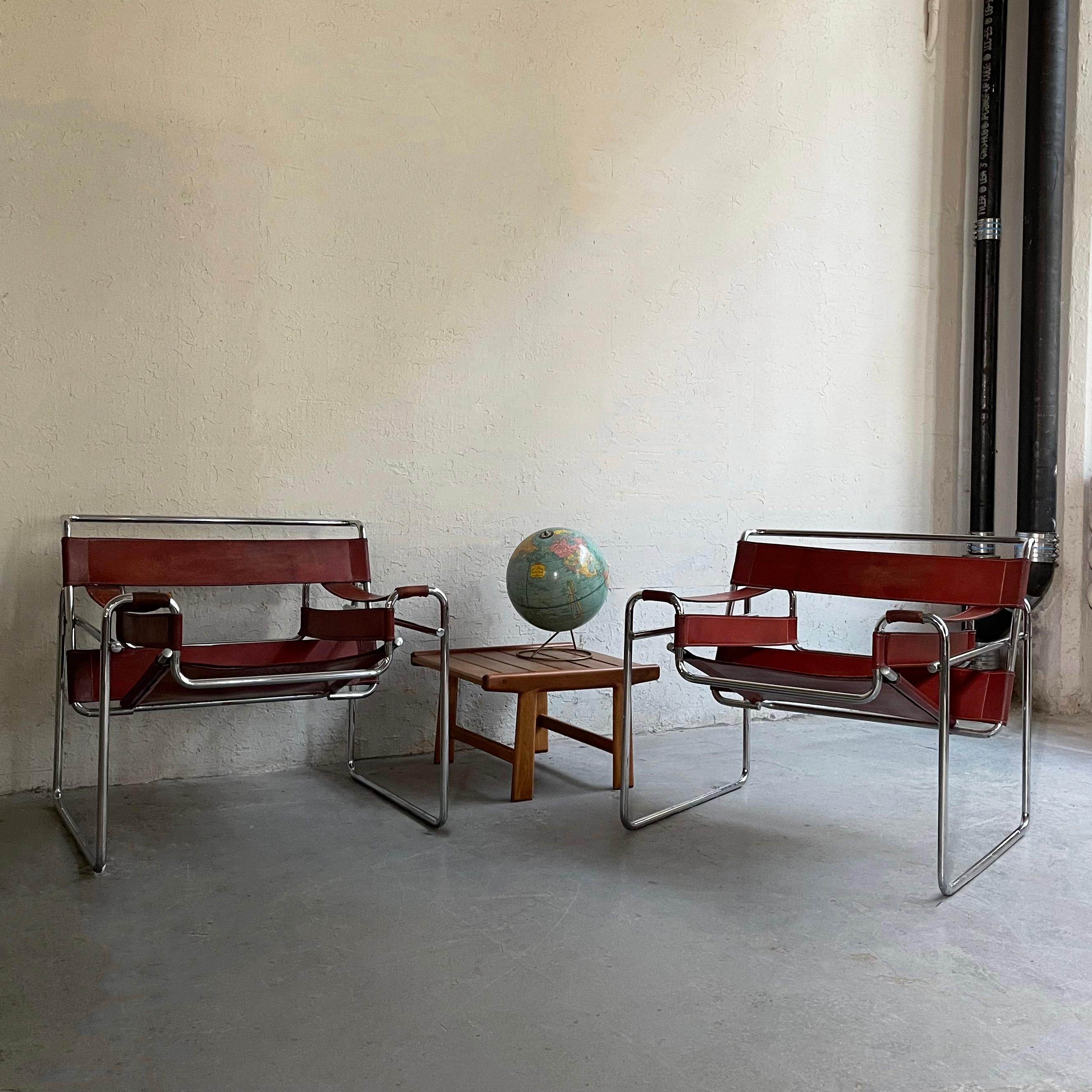 Marcel Breuer Bauhaus Wassily Style Chairs Burgundy Brown Leather In Good Condition In Brooklyn, NY