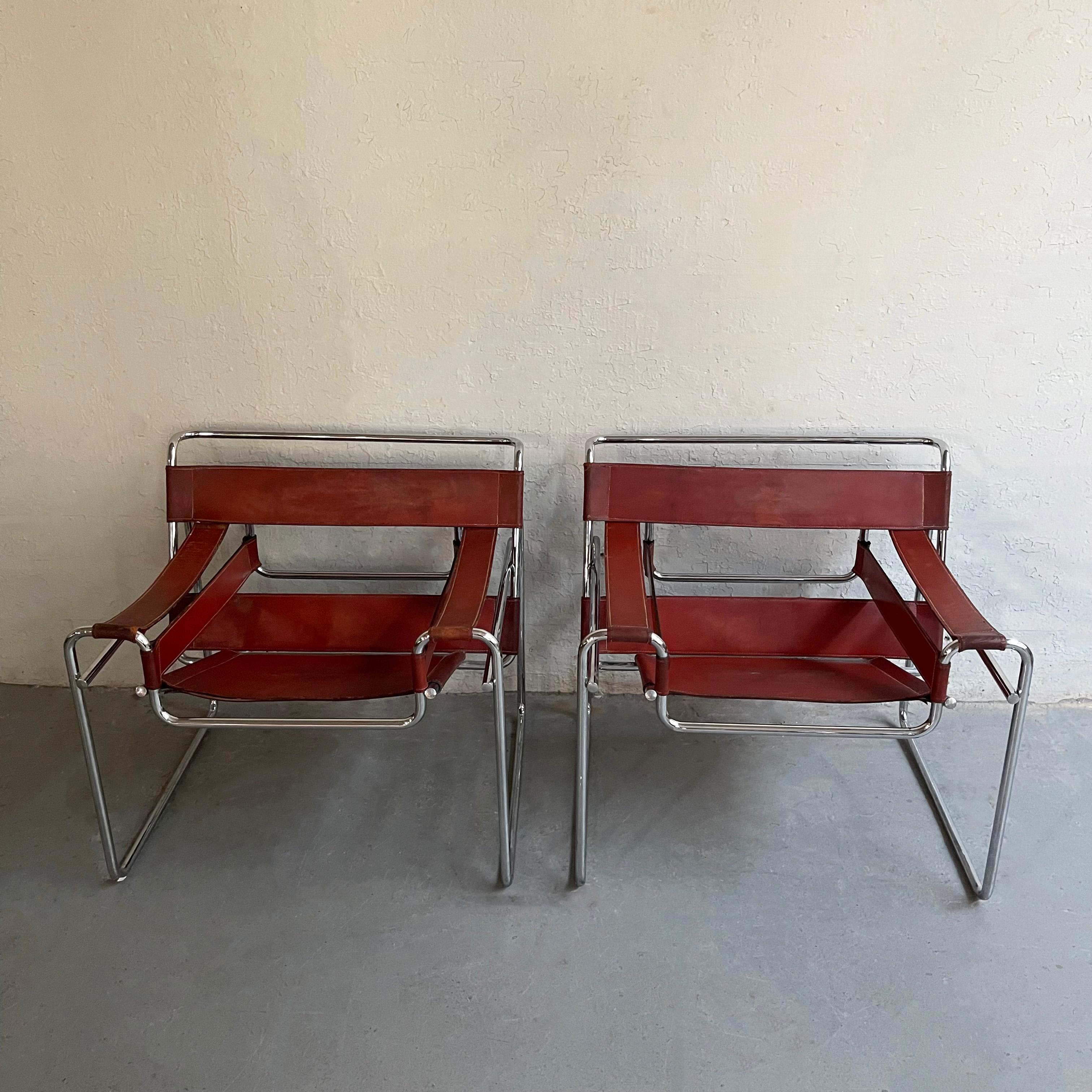 Marcel Breuer Bauhaus Wassily Style Chairs Burgundy Brown Leather 1