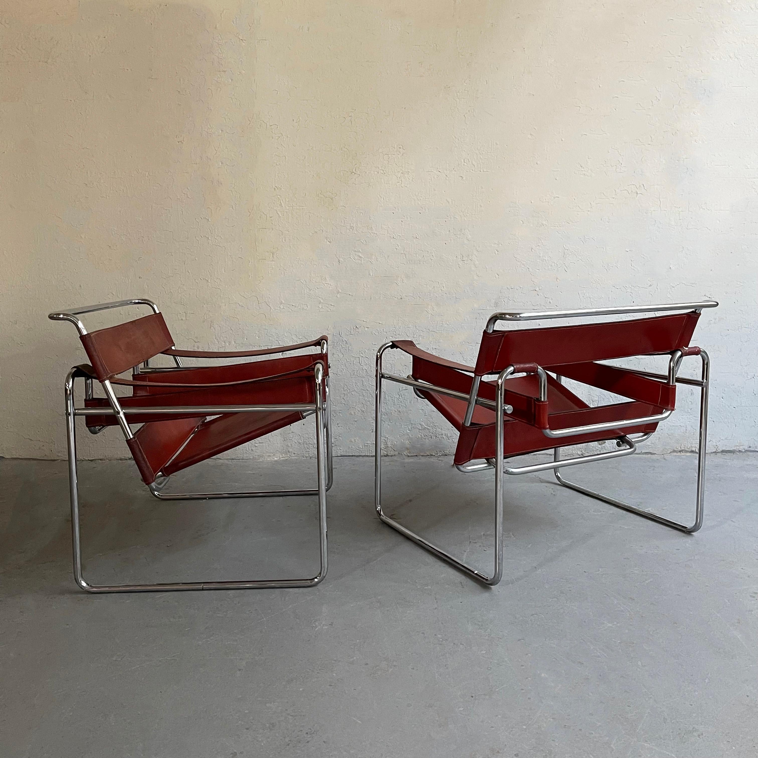 Marcel Breuer Bauhaus Wassily Style Chairs Burgundy Brown Leather 2
