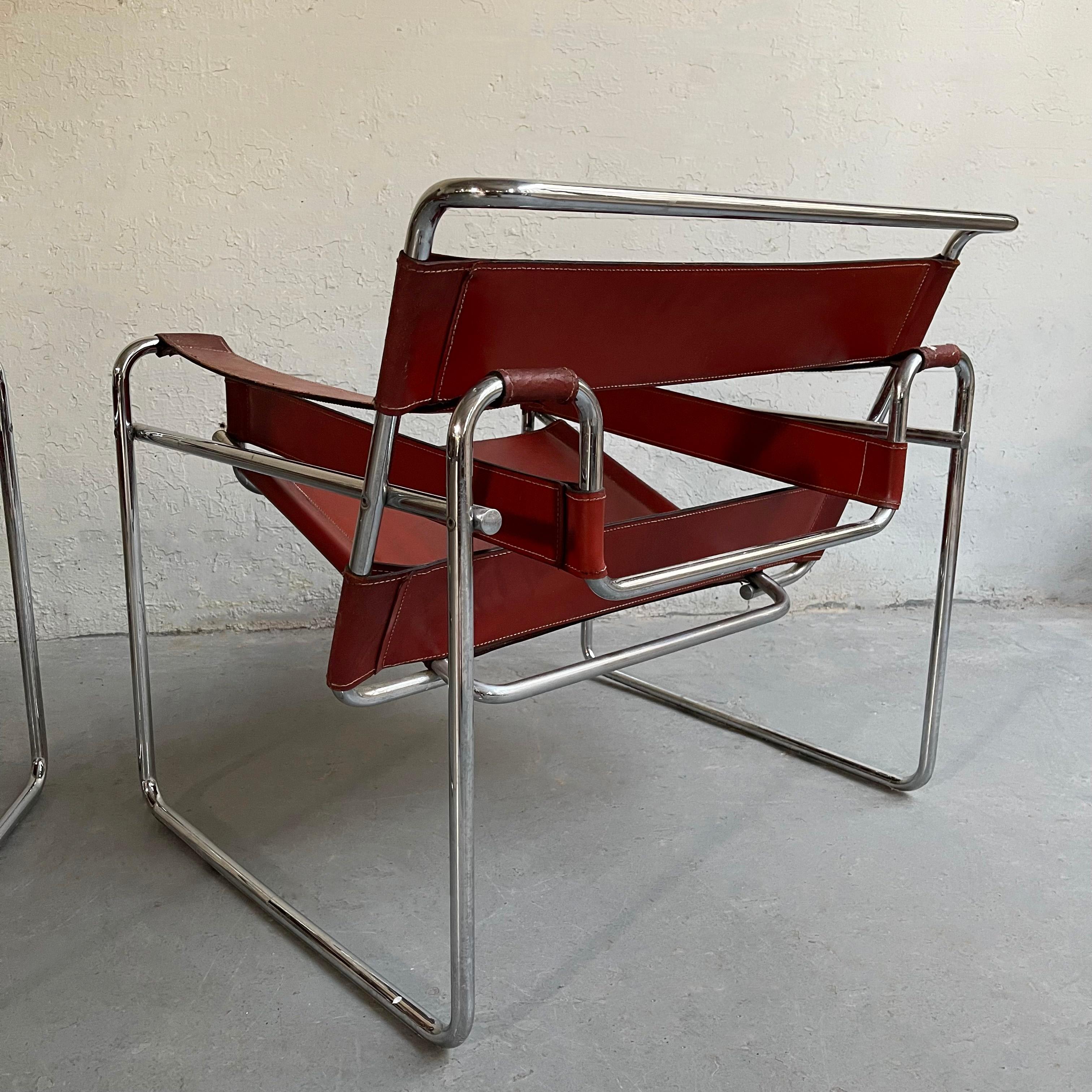 Marcel Breuer Bauhaus Wassily Style Chairs Burgundy Brown Leather 3