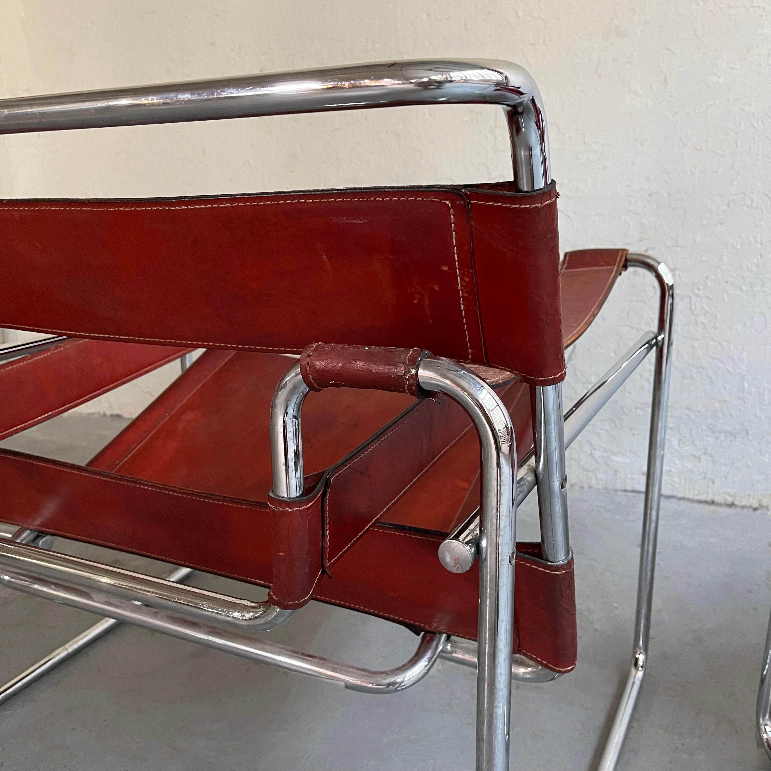 Marcel Breuer Bauhaus Wassily Style Chairs Burgundy Brown Leather 4