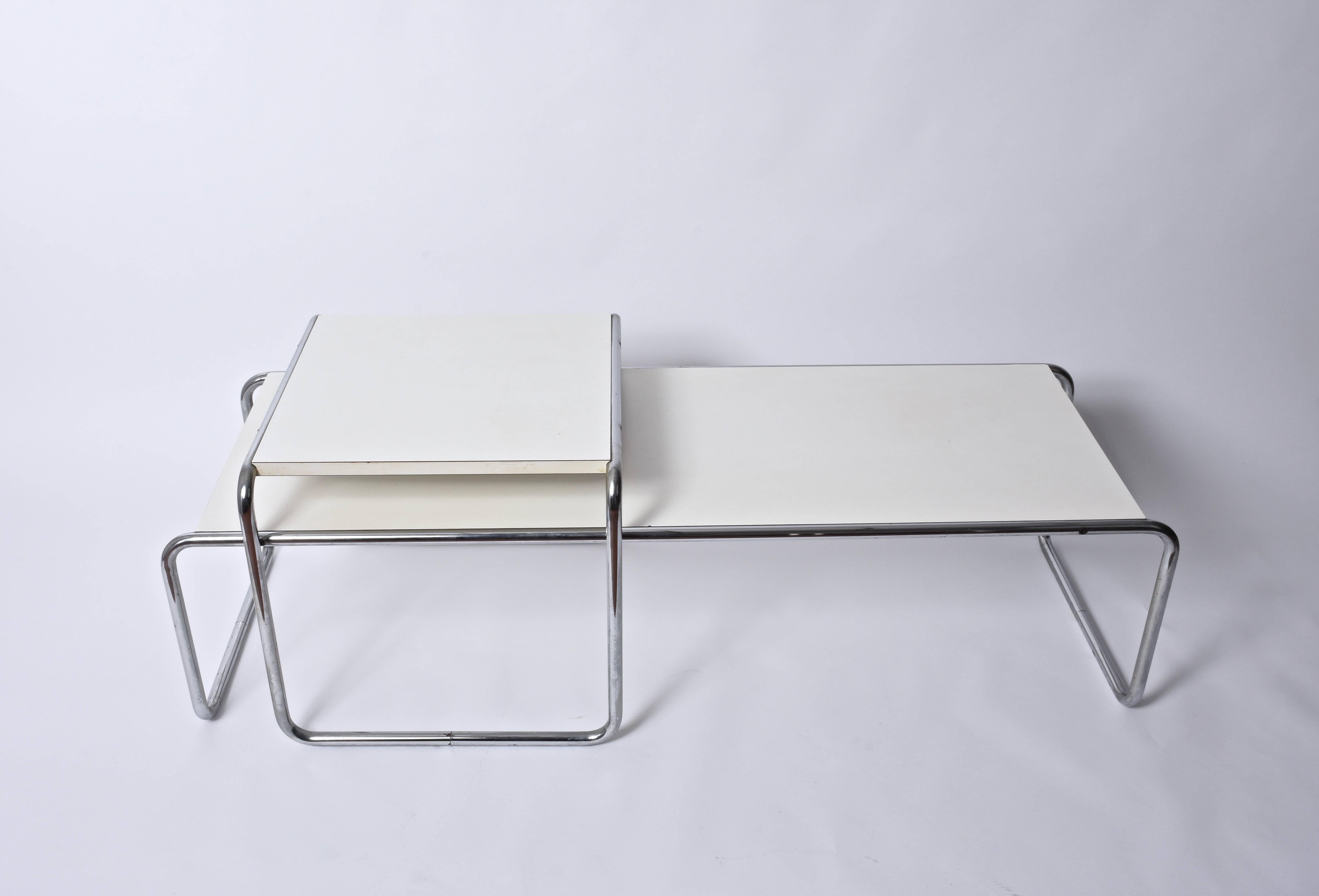 Mid-Century Modern Marcel Breuer Bauhaus White Wood and Steel 'Laccio' Italian Side Tables, 1970s