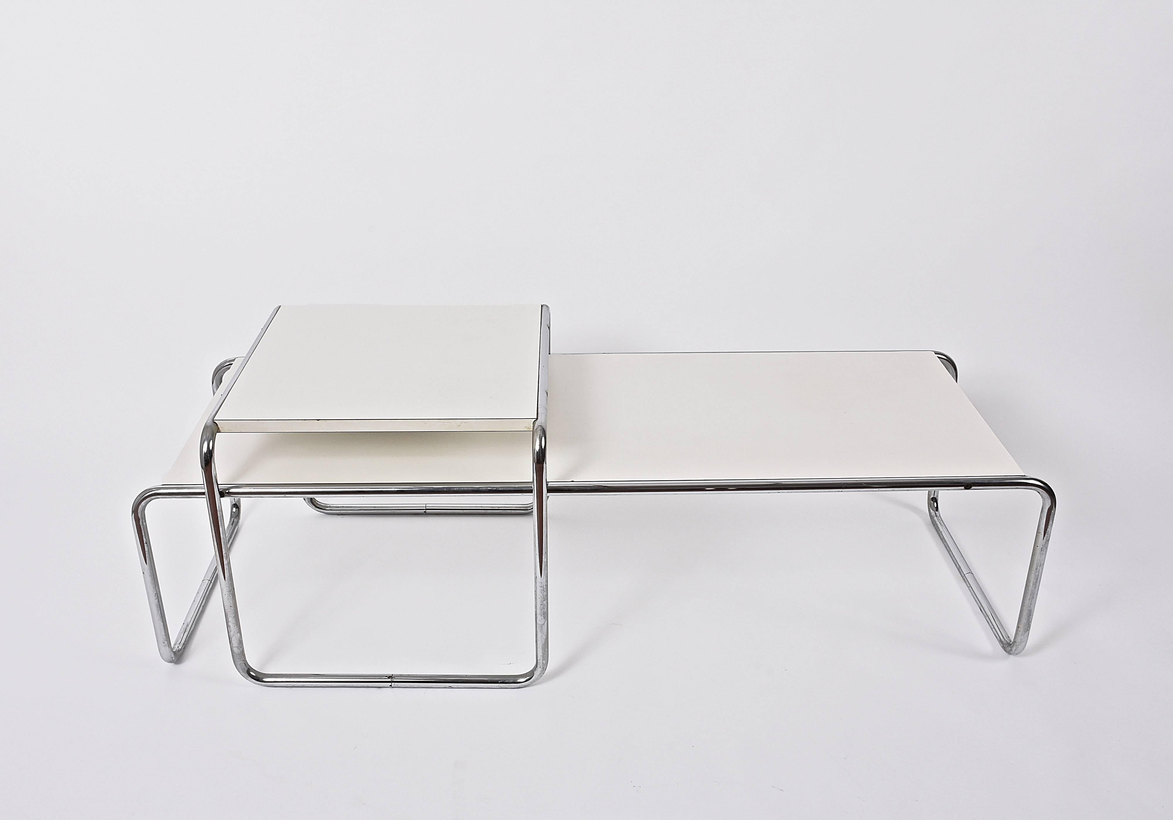 Marcel Breuer Bauhaus White Wood and Steel 'Laccio' Italian Side Tables, 1970s In Excellent Condition In Roma, IT