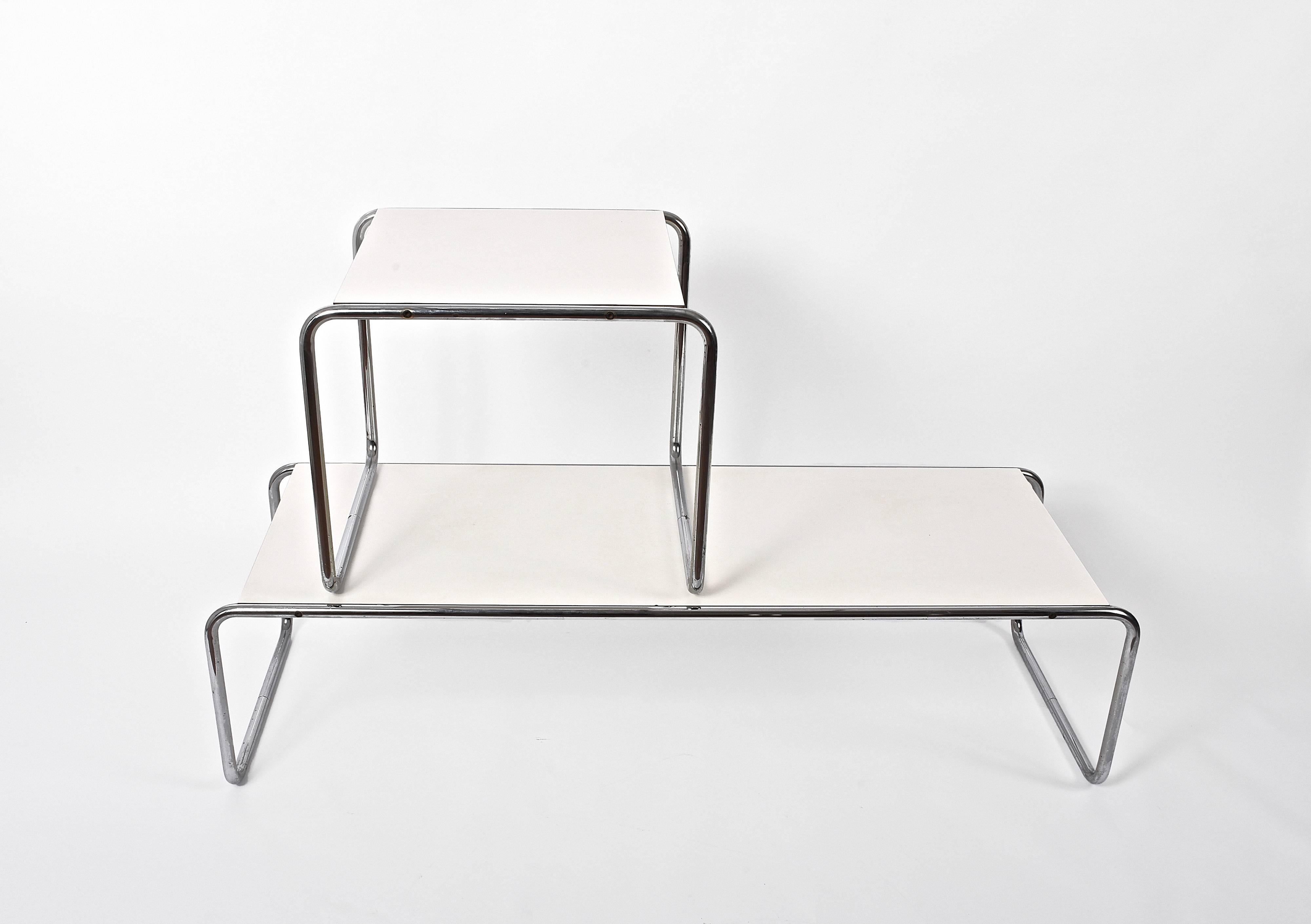20th Century Marcel Breuer Bauhaus White Wood and Steel 'Laccio' Italian Side Tables, 1970s