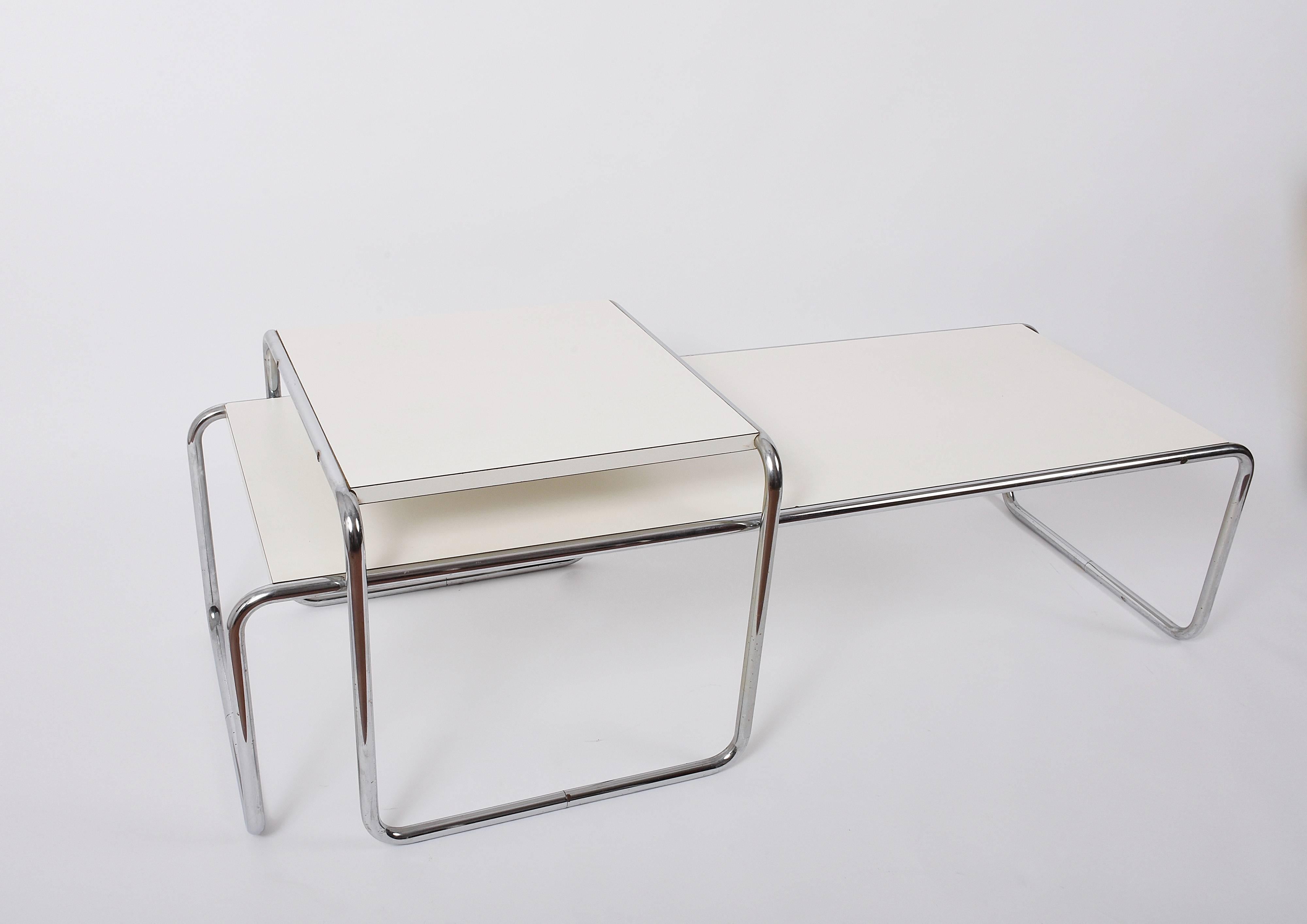 Marcel Breuer Bauhaus White Wood and Steel 'Laccio' Italian Side Tables, 1970s 1