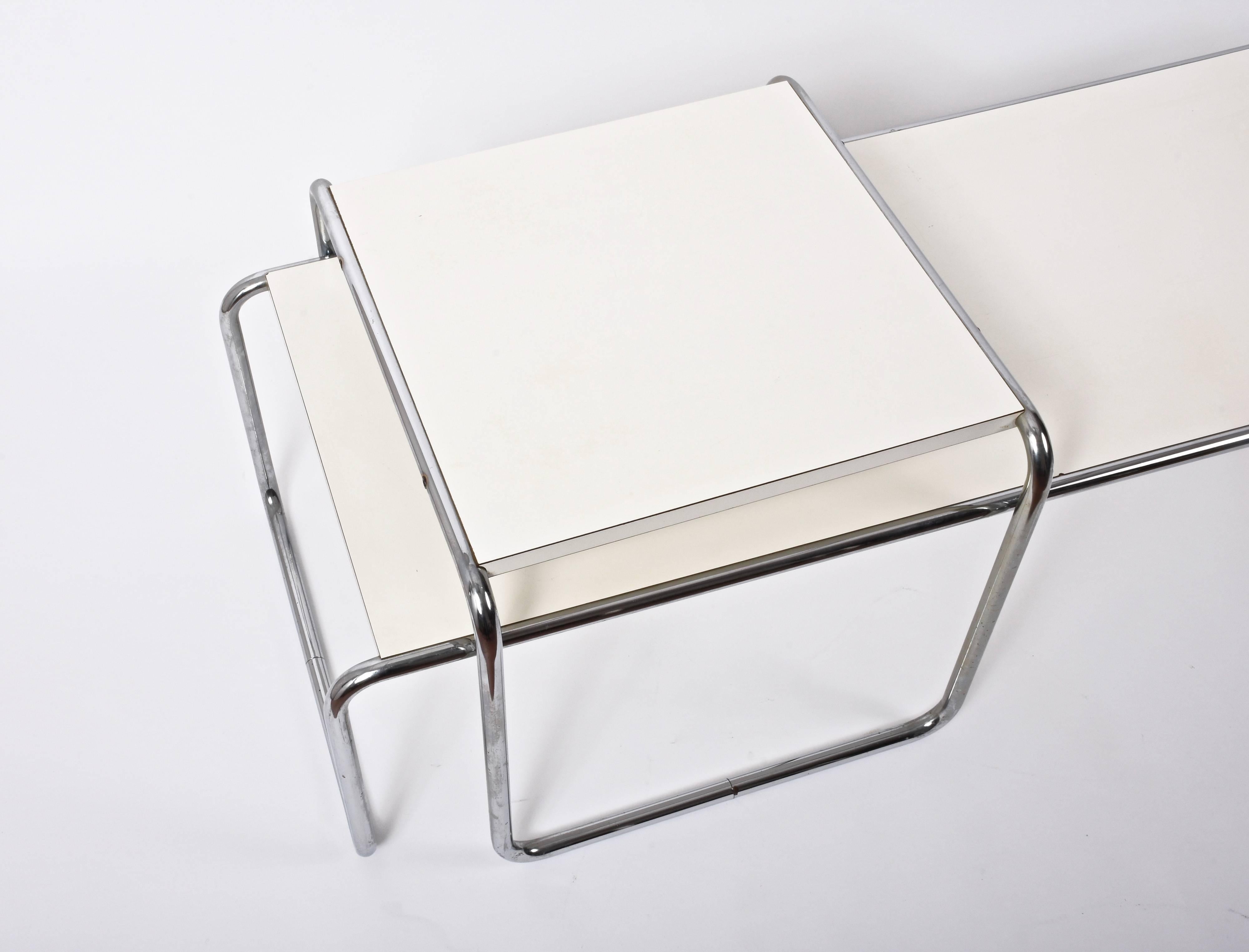 Marcel Breuer Bauhaus White Wood and Steel 'Laccio' Italian Side Tables, 1970s 2