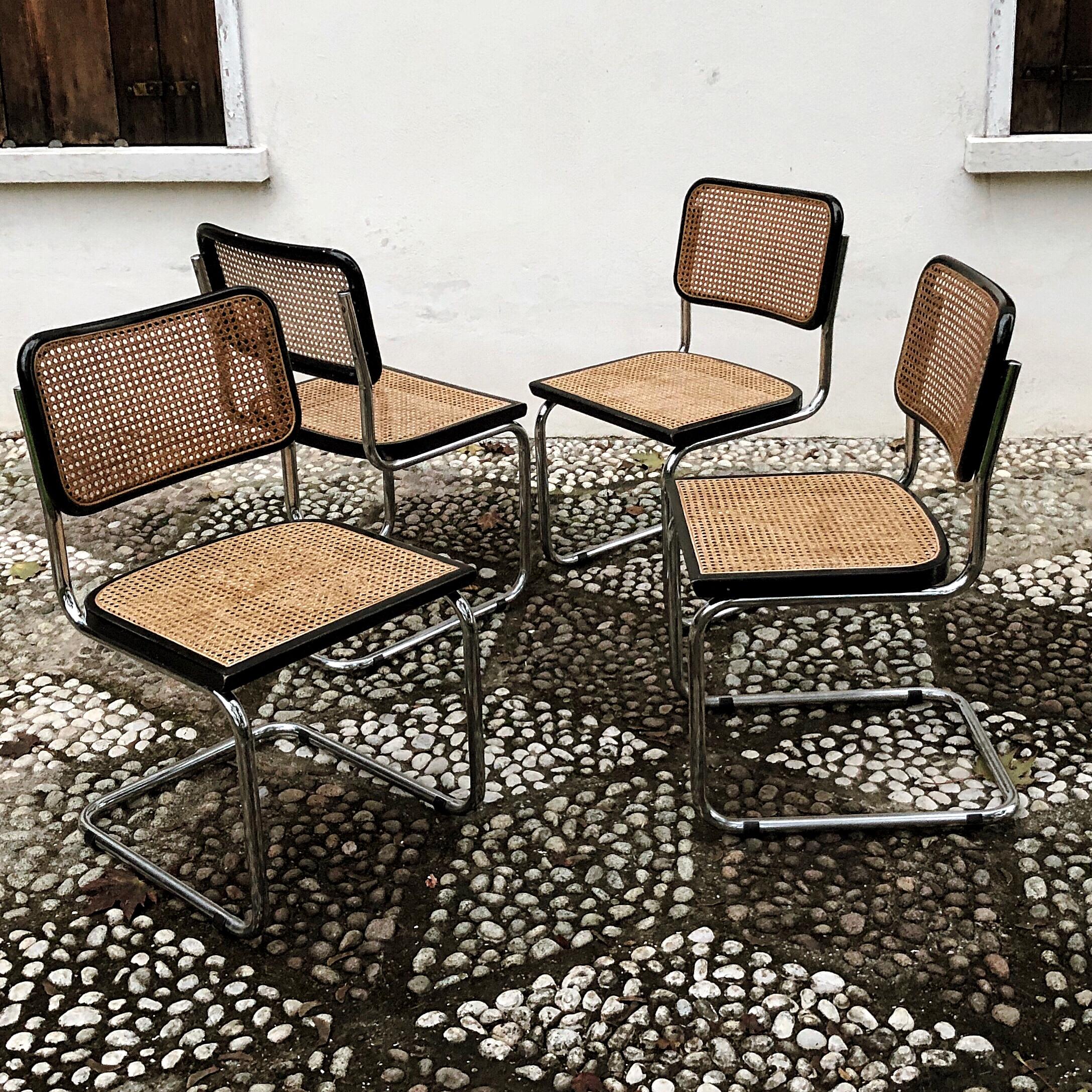 Beautiful set of 4 original B32 “Cesca” dining chairs. Cesca chairs were originally designed in 1928 by French Hungarian architect Marcel Breuer and named after his daughter Francesca.

 Modernist, architect and furniture designer, Marcel Breuer,