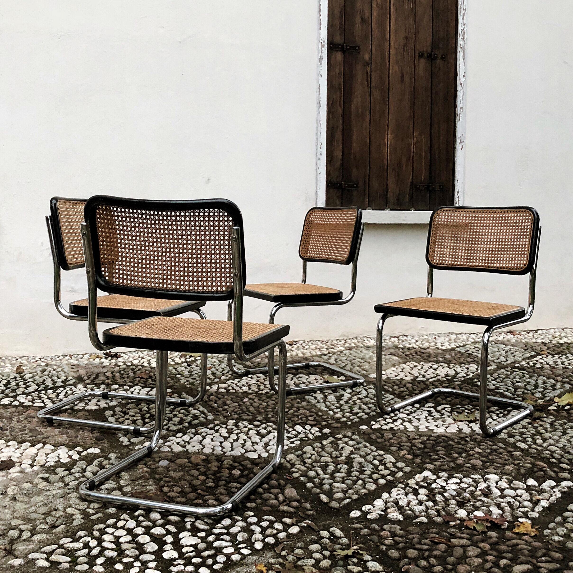 Italian Marcel Breuer Bauhaus Wien Straw B32 Cesca Dining Room Chairs, 1970s, Set of 4 For Sale