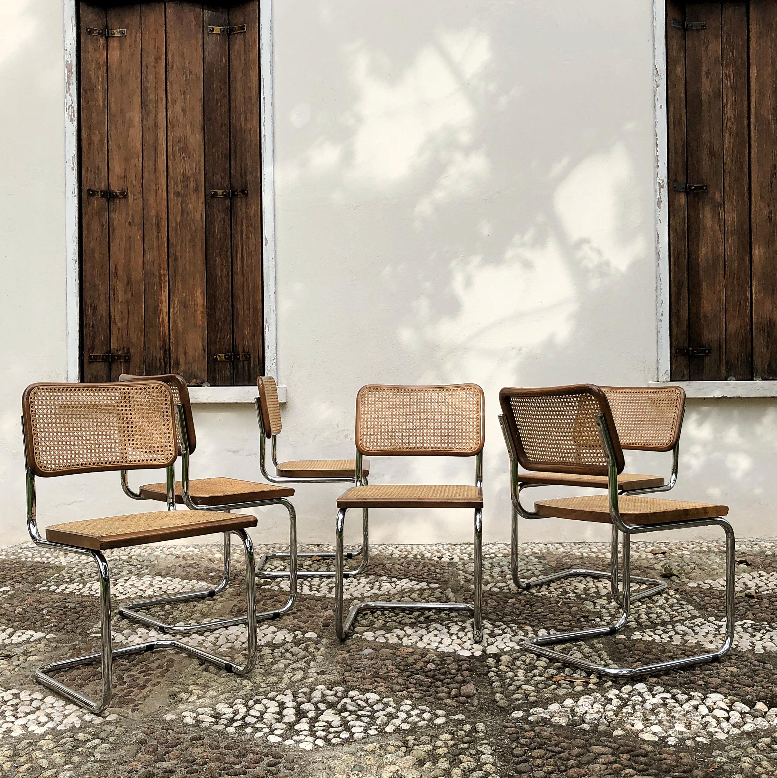 Italian Marcel Breuer Bauhaus Wien Straw B32 Cesca Dining Room Chairs, 1970s, Set of 6 For Sale
