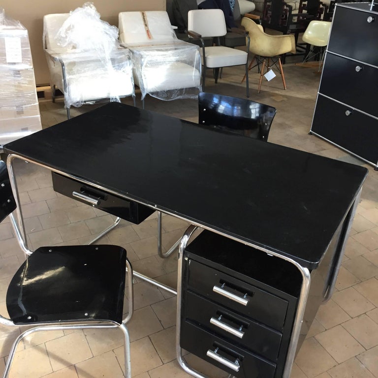 Marcel Breuer Bauhaus Writing Desk With Two Chairs Black Lacquered Marcel Breuer Bauhaus Writing Desk With