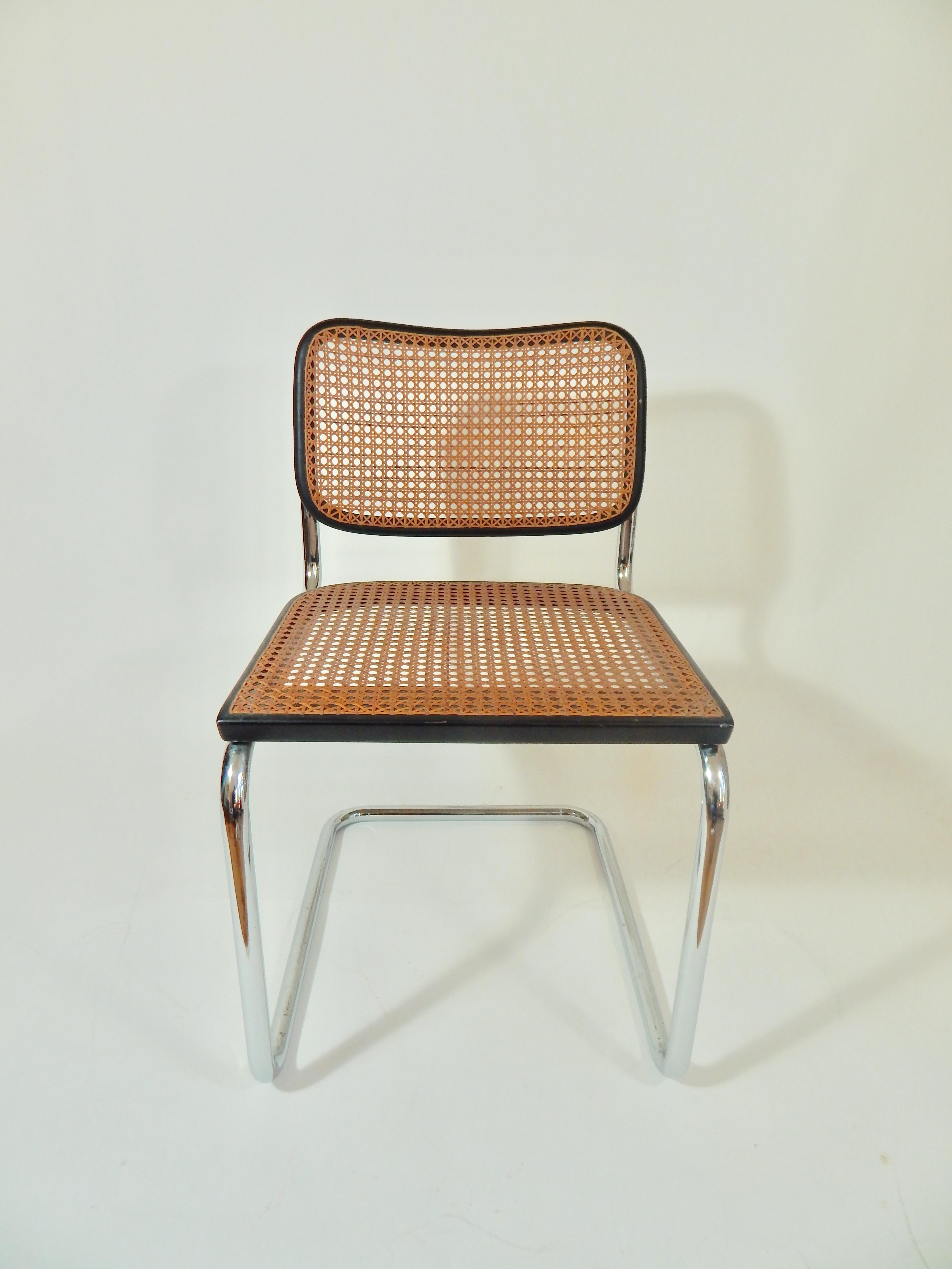 Midcentury 1960s Marcel Breuer Black Cesca Chair by Knoll Gavina. Beautiful Hand Caning with gorgeous aged color. Markings of both Knoll and Gavina on underside. Classic Chrome Tubular Frame. Black Finish. All hand caning is intact and rare to find