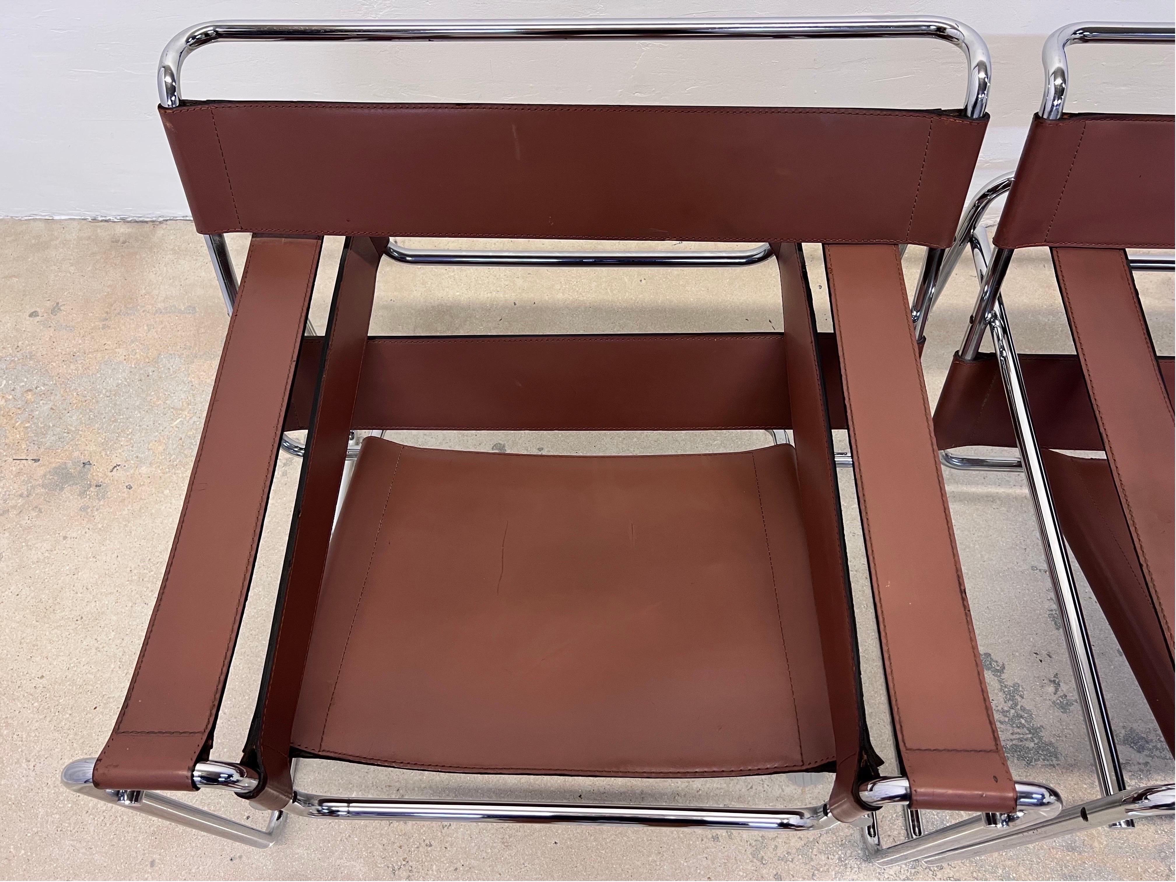 Marcel Breuer Brown Leather and Chrome Wassily Chairs by Gavina Spa, a Pair 2