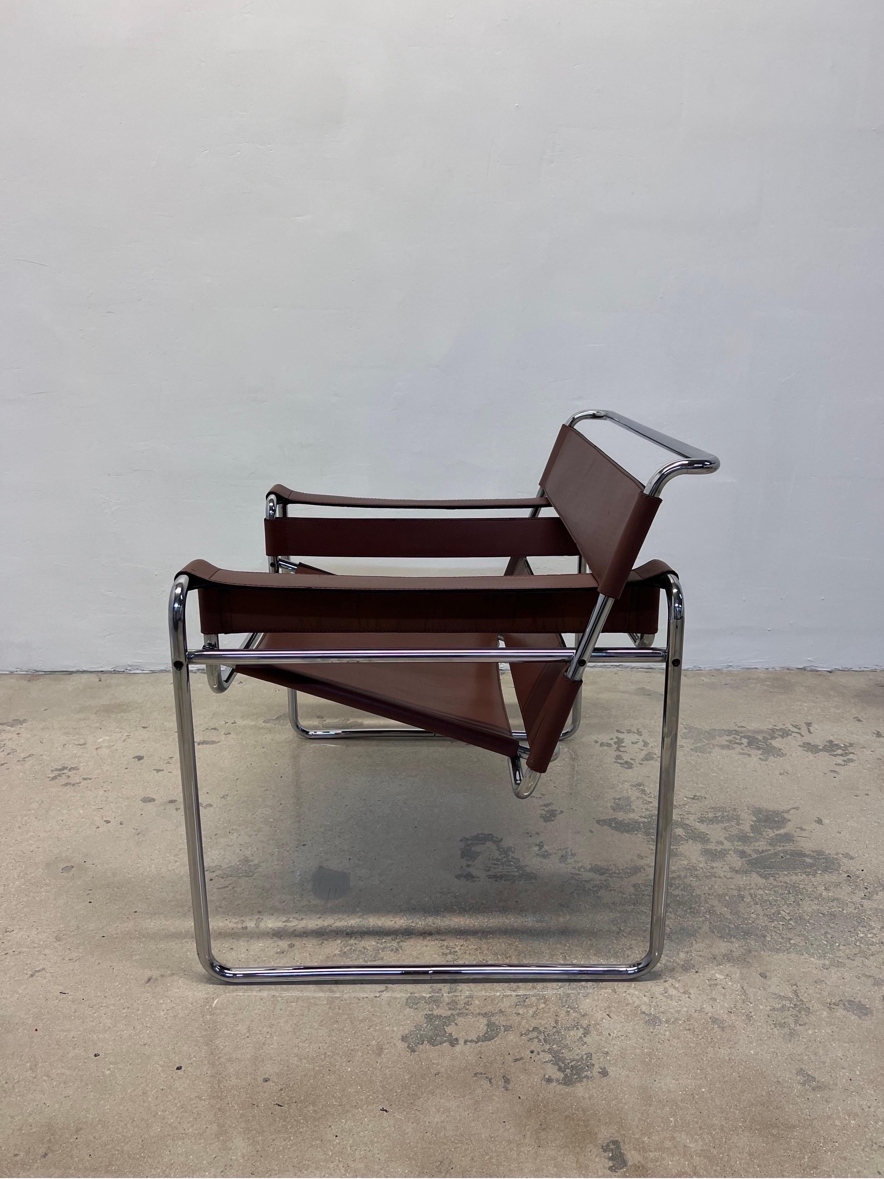 Italian Marcel Breuer Brown Leather and Chrome Wassily Chairs by Gavina Spa, a Pair