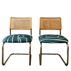 Marcel Breuer Cantilever Blue Wearstler Channel Print Cane Back Chairs a Pair